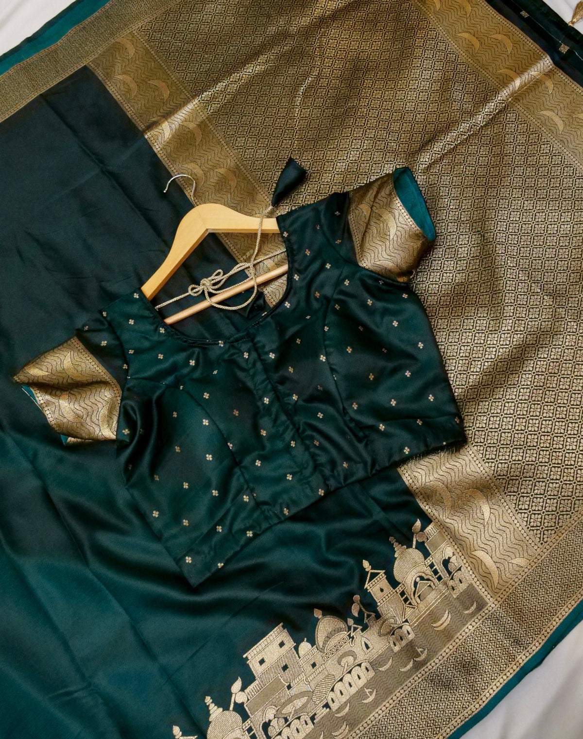Nihar - Deep Teal Ghat Border Banarasi Silk Saree with Stitched Blouse