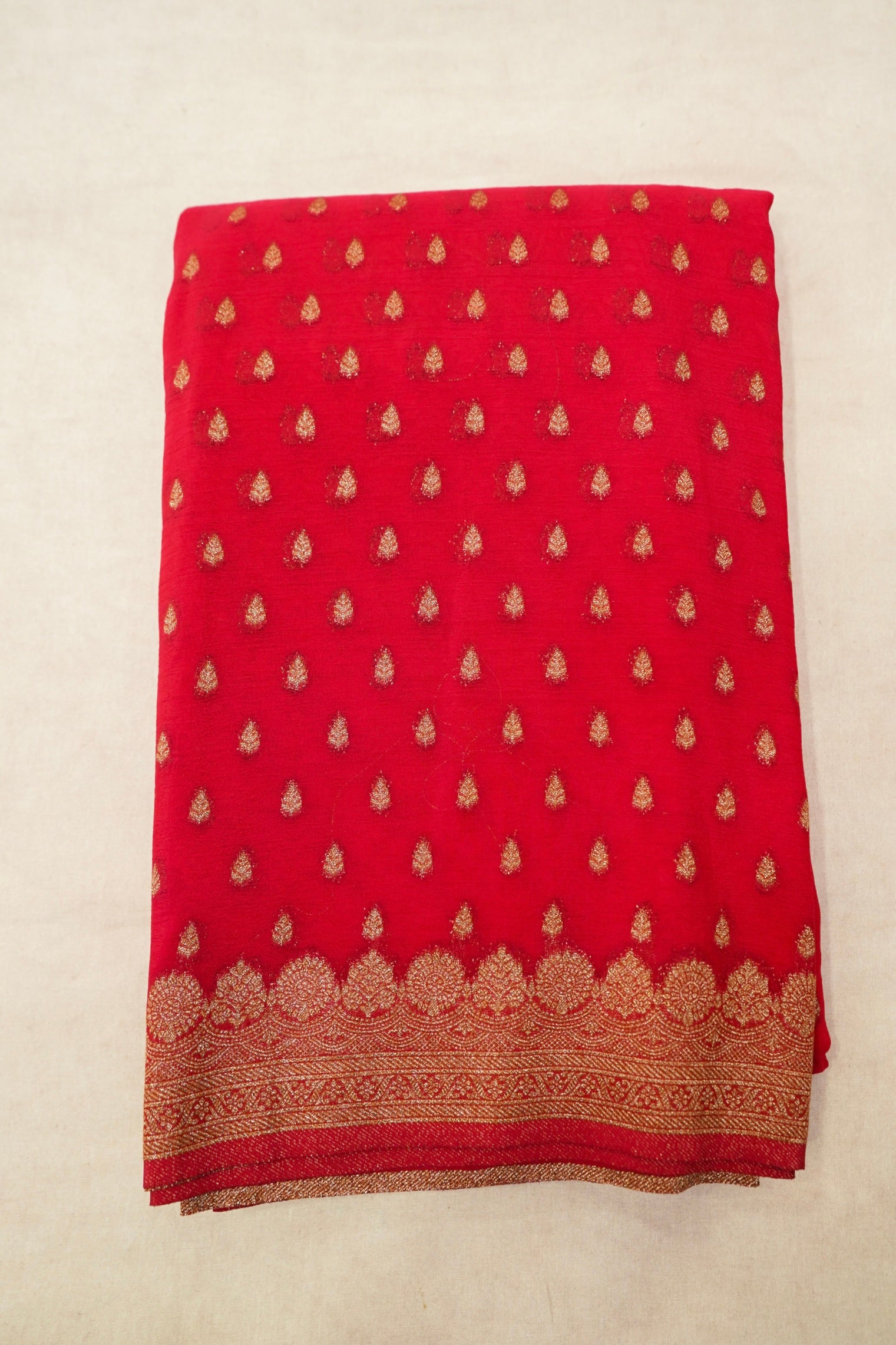 Bright Red Crepe Chiffon Saree with Gold Zari Border