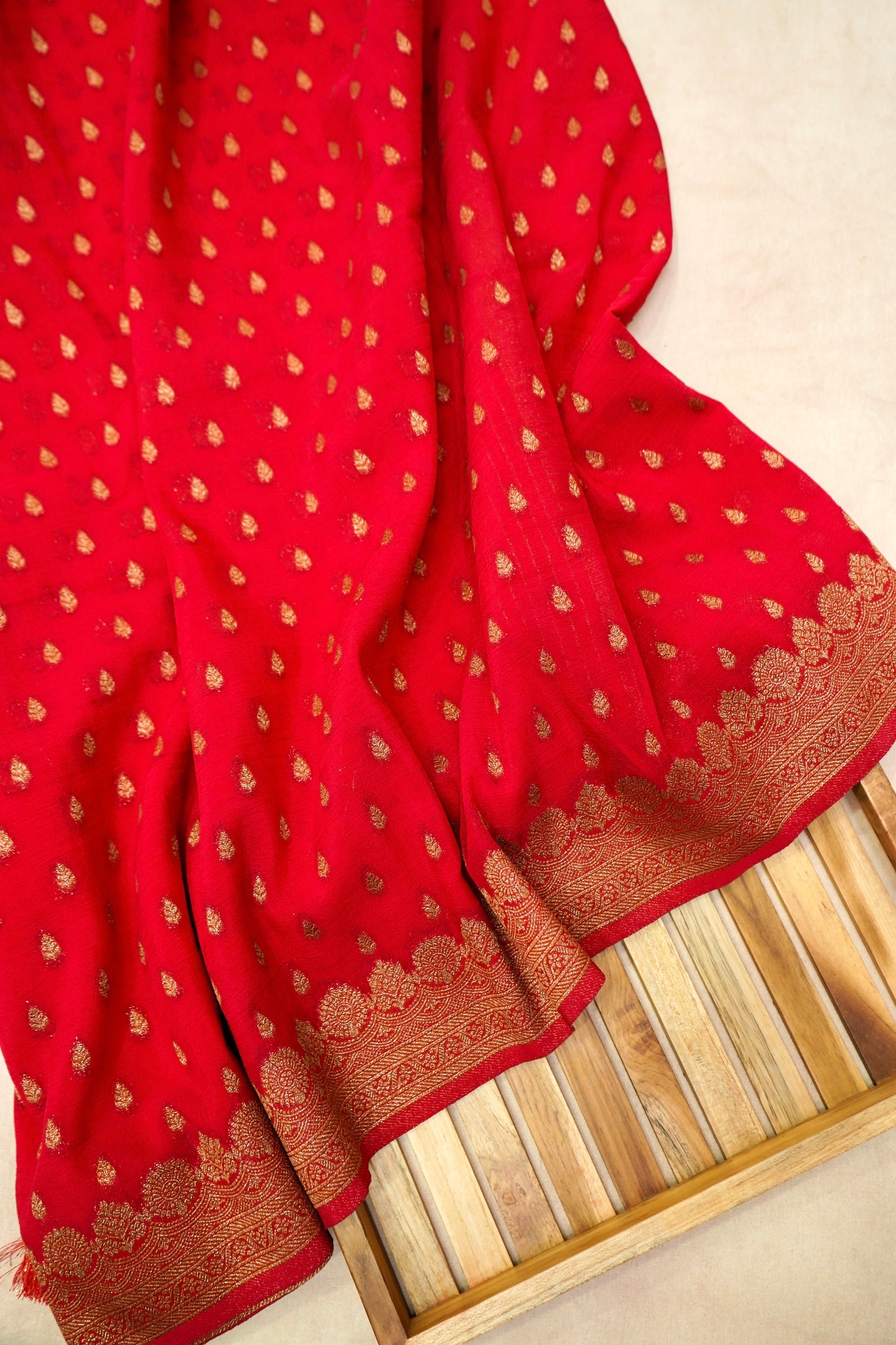 Bright Red Crepe Chiffon Saree with Gold Zari Border