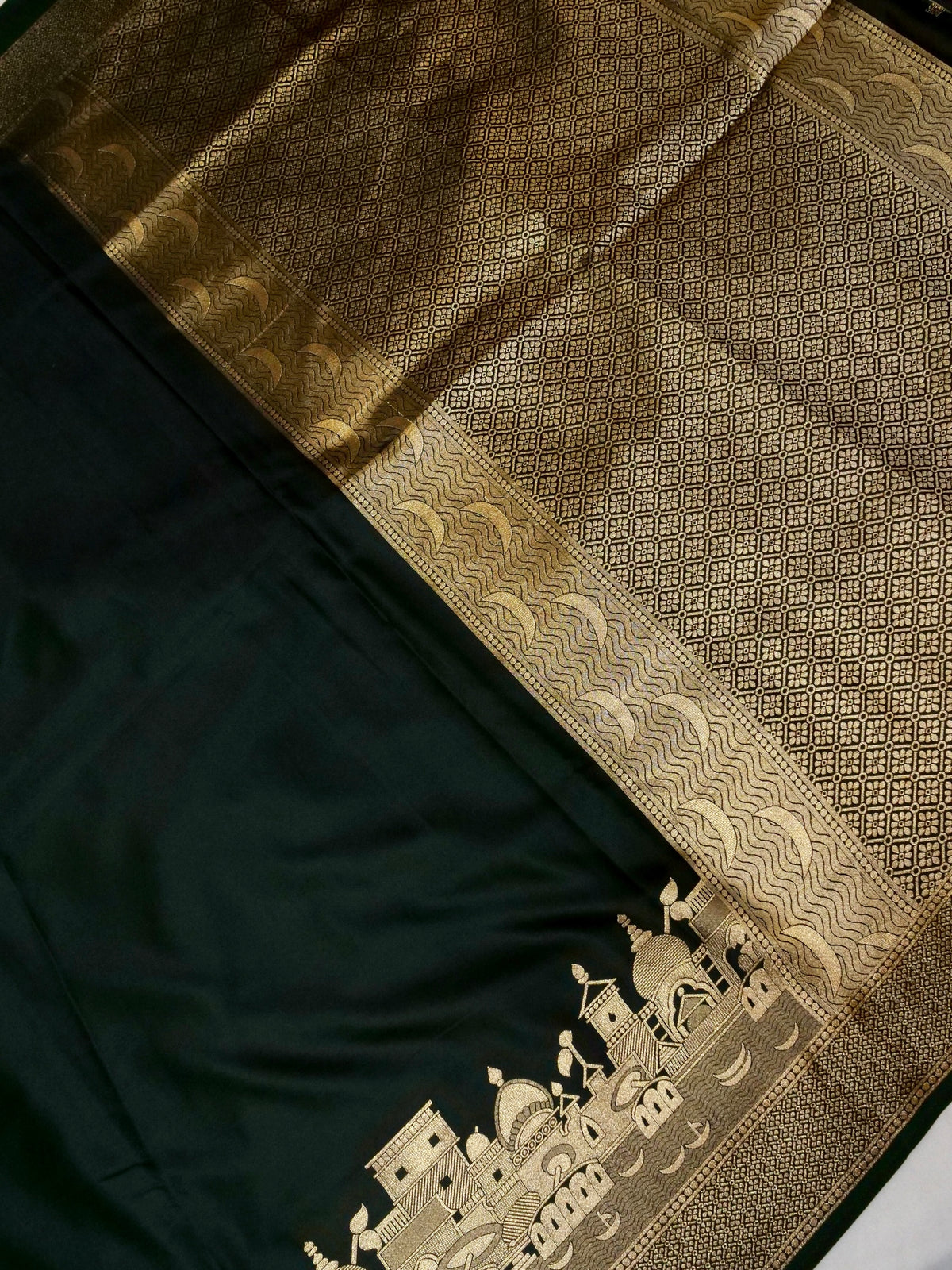 Nihar - Deep Green Ghat Border Banarasi Silk Saree with Stitched Blouse
