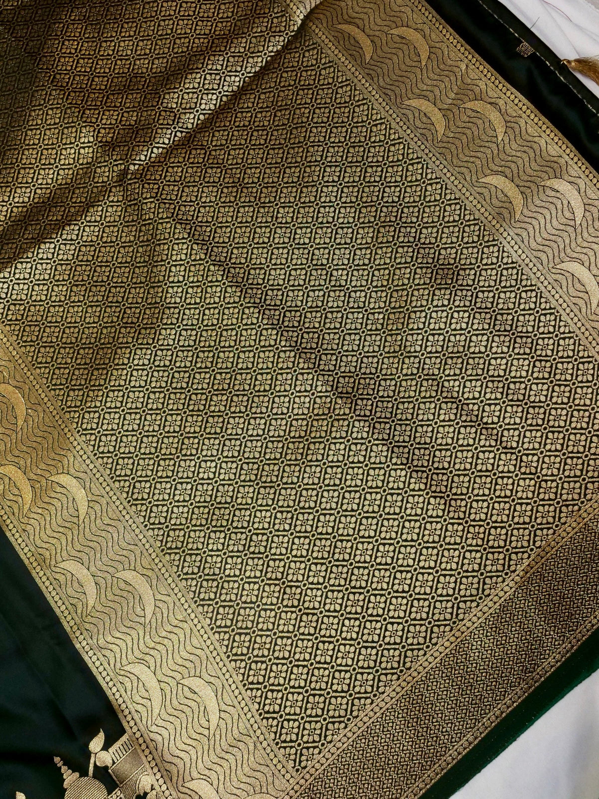 Nihar - Deep Green Ghat Border Banarasi Silk Saree with Stitched Blouse