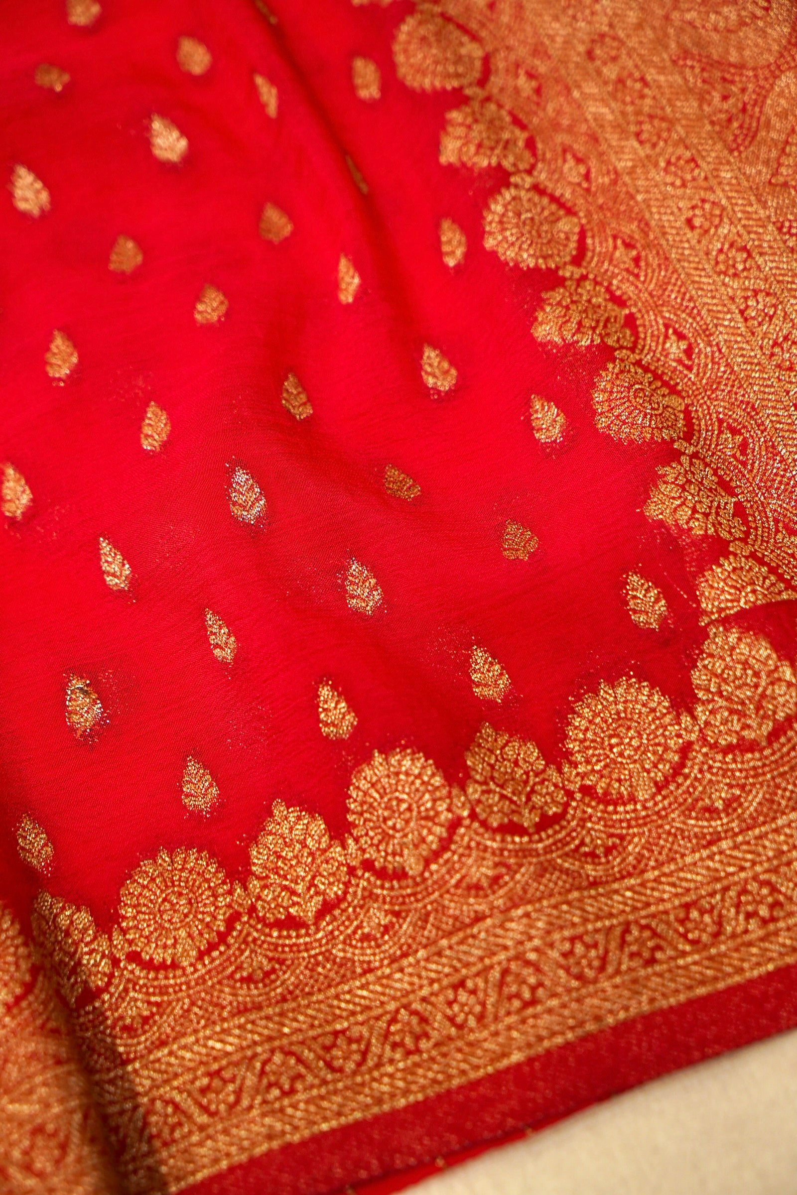 Bright Red Crepe Chiffon Saree with Gold Zari Border