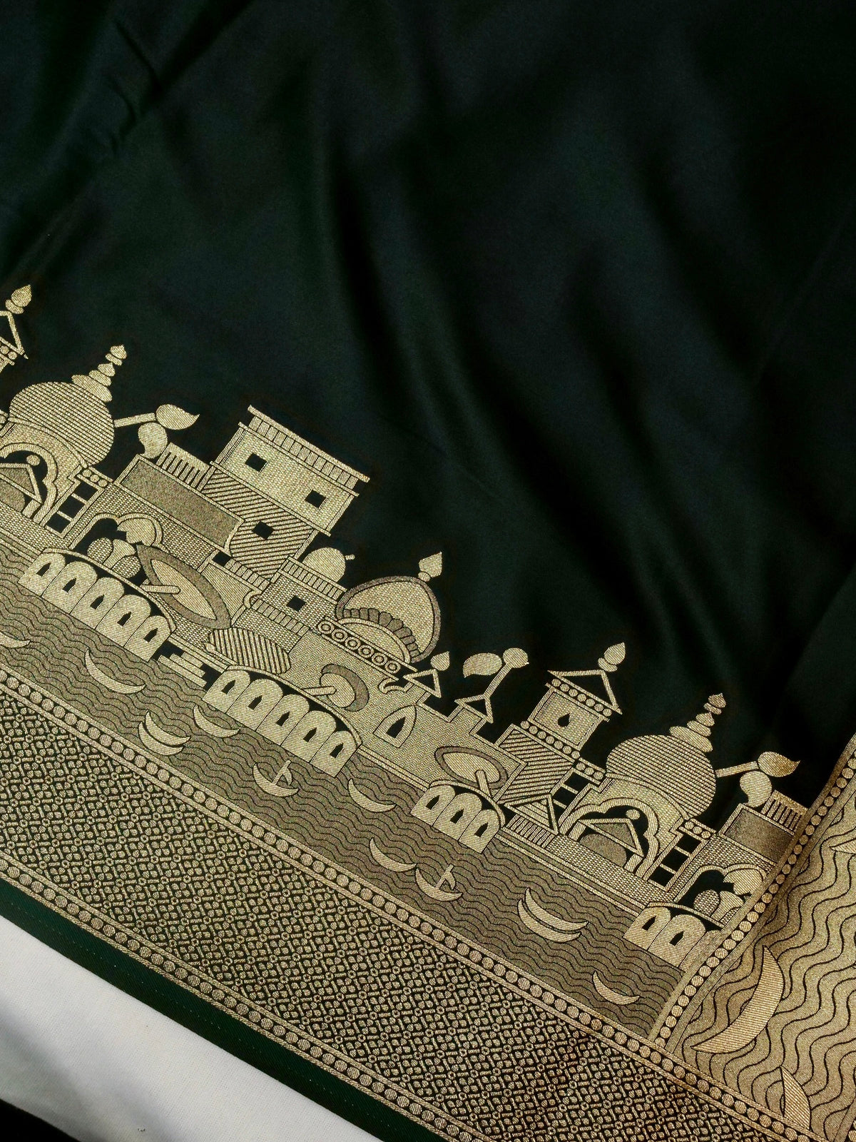 Nihar - Deep Green Ghat Border Banarasi Silk Saree with Stitched Blouse
