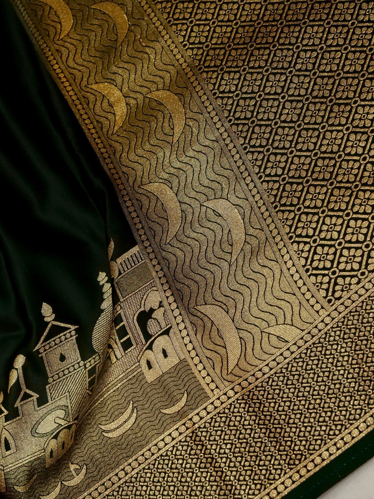 Nihar - Deep Green Ghat Border Banarasi Silk Saree with Stitched Blouse