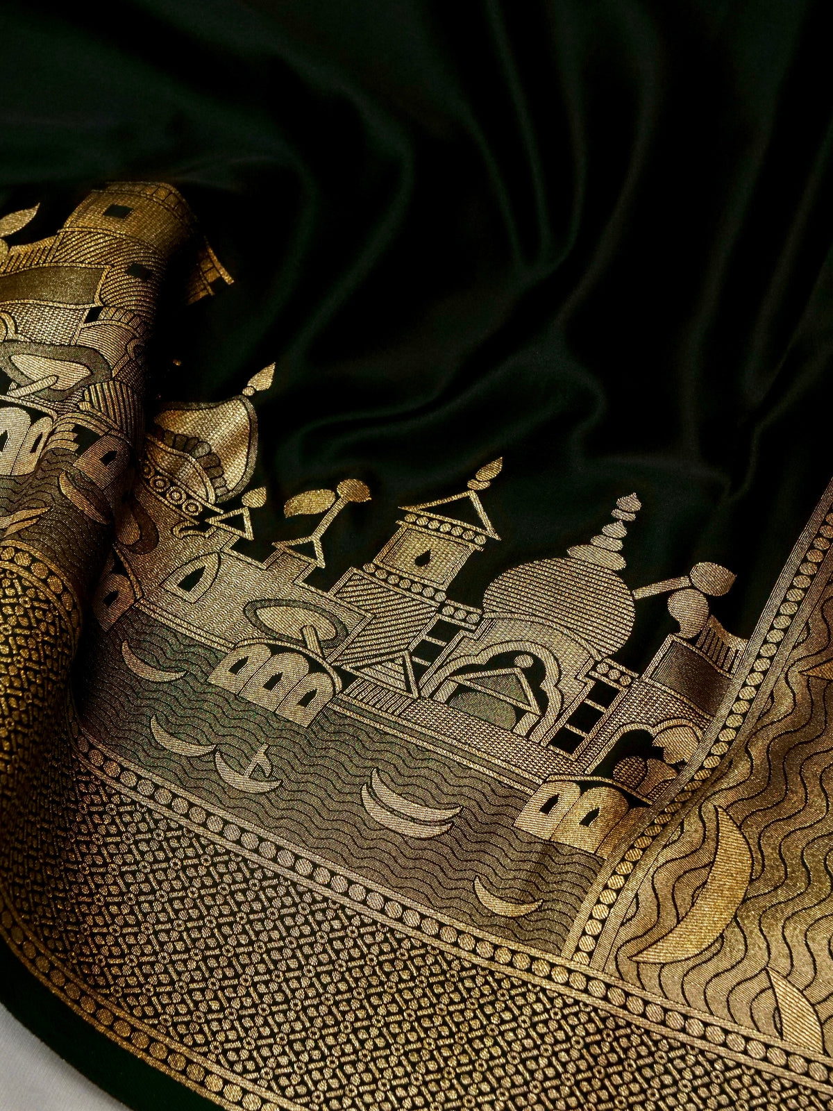 Nihar - Deep Green Ghat Border Banarasi Silk Saree with Stitched Blouse