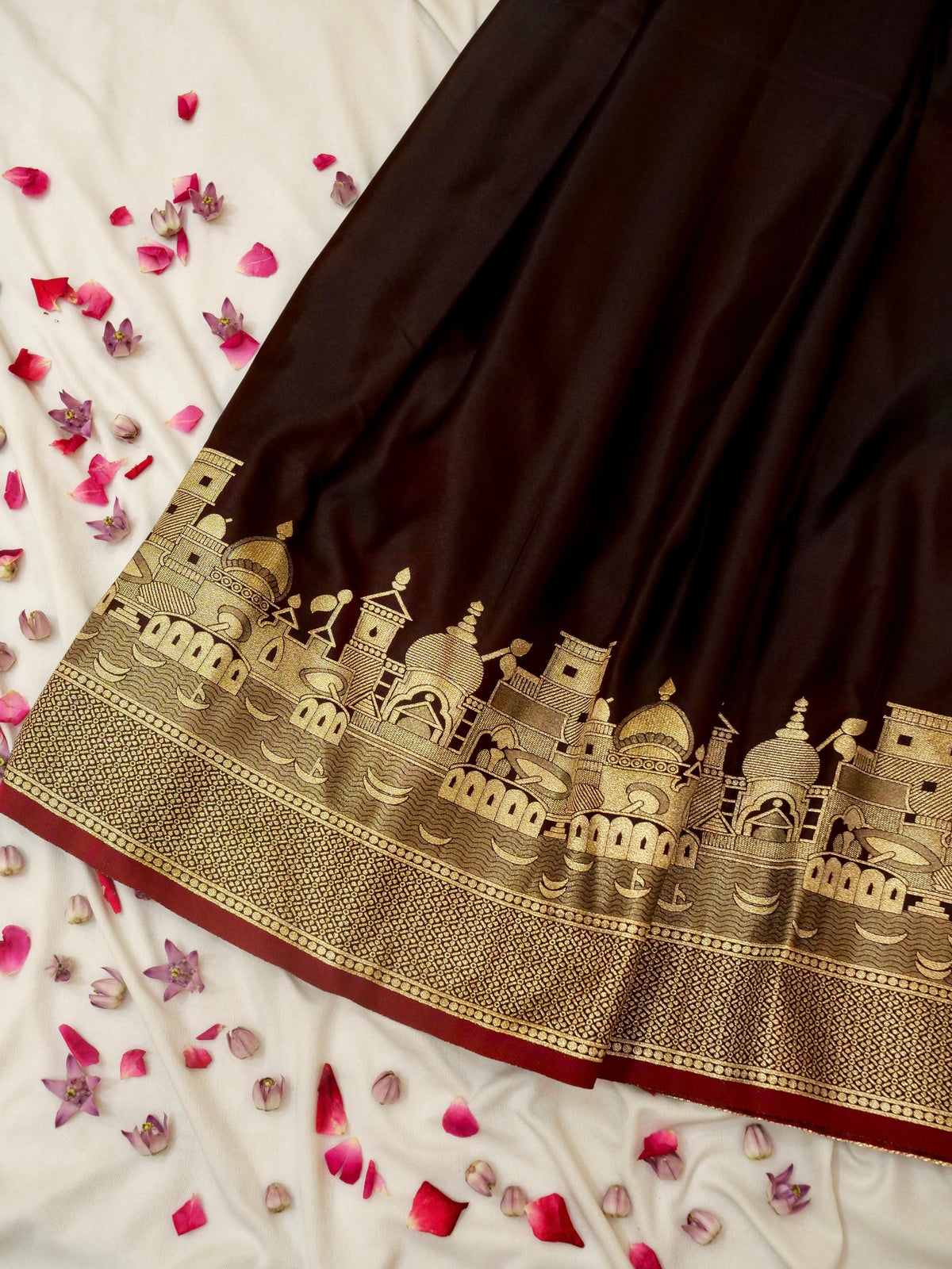 Nihar - Deep Chocolate Brown Ghat Border Banarasi Silk Saree with Stitched Blouse