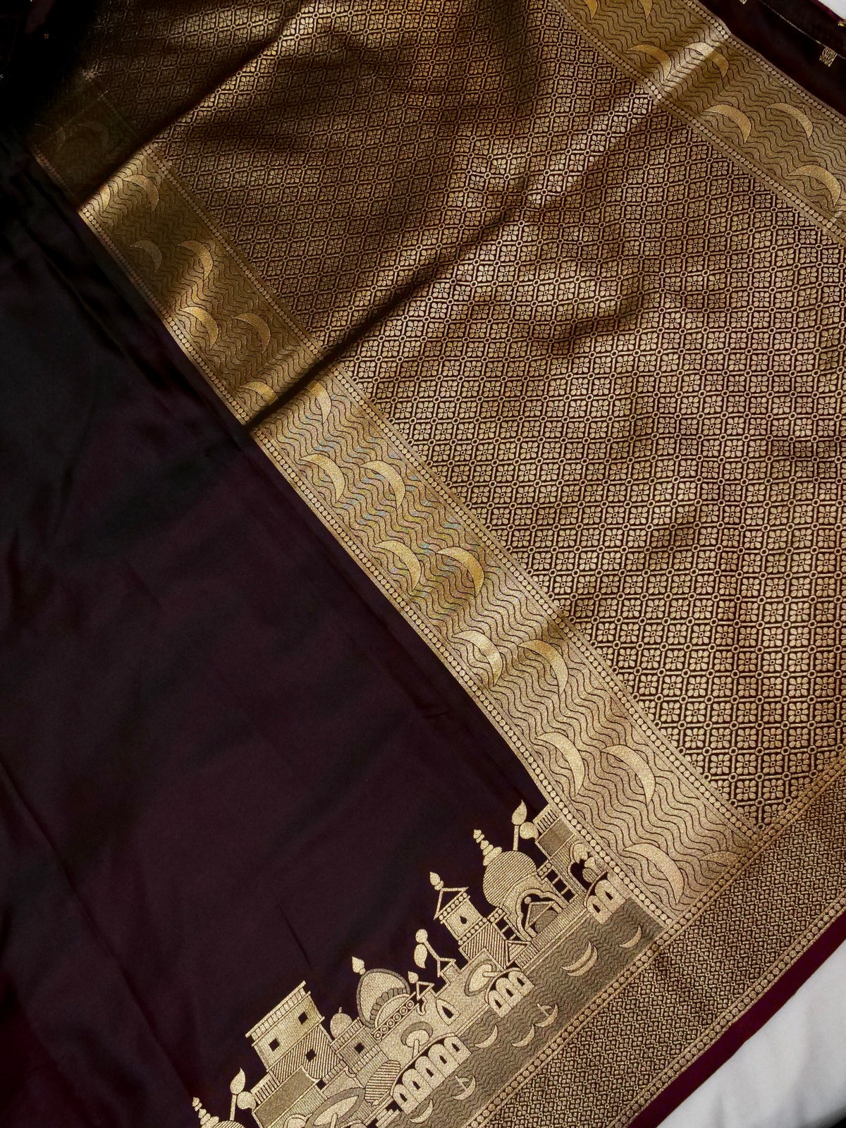 Nihar - Deep Burgundy Ghat Border Banarasi Silk Saree with Stitched Blouse