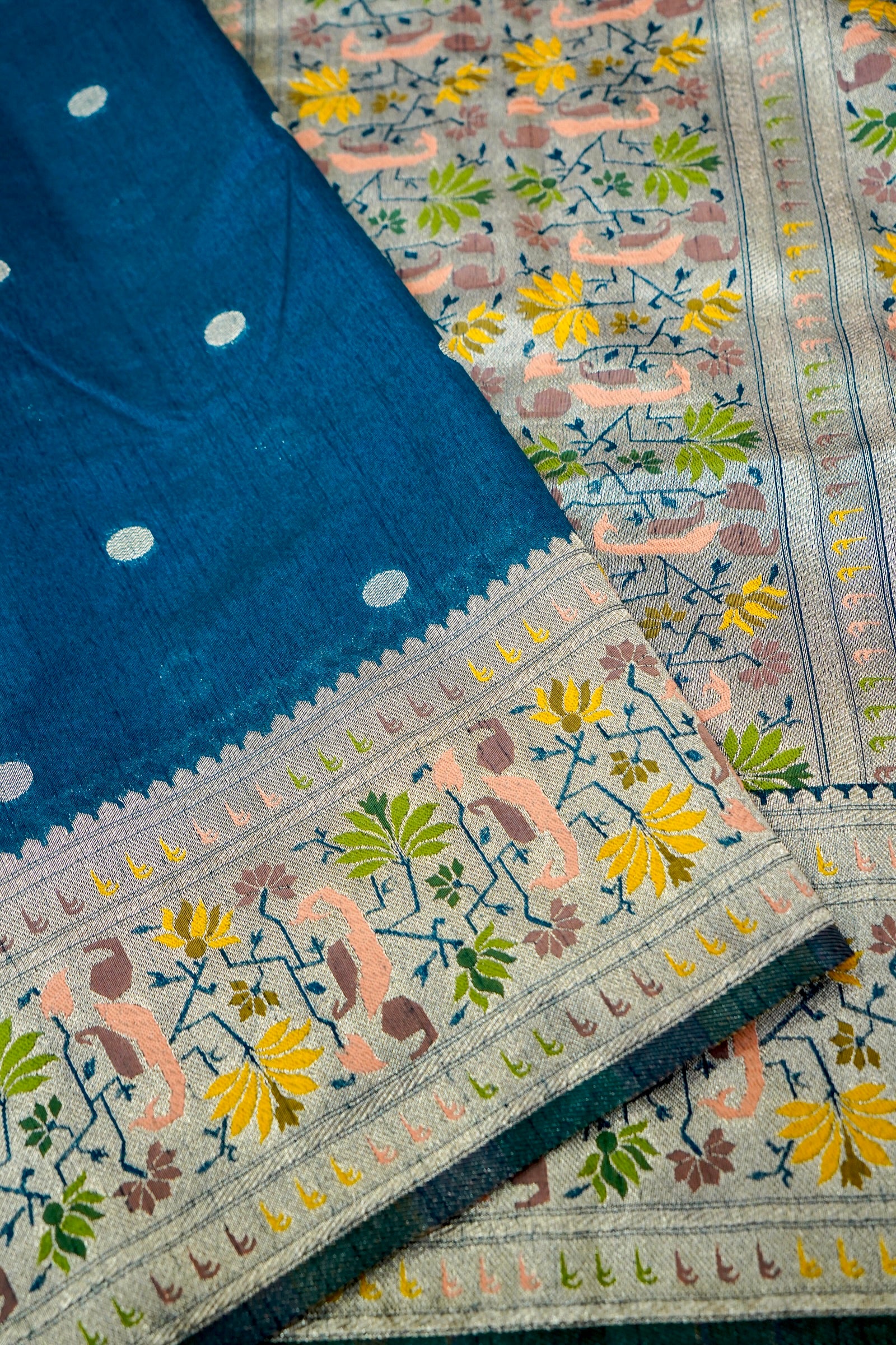 Teal Blue Raw Silk Saree with Light Gold Zari and Multicolor Floral Border