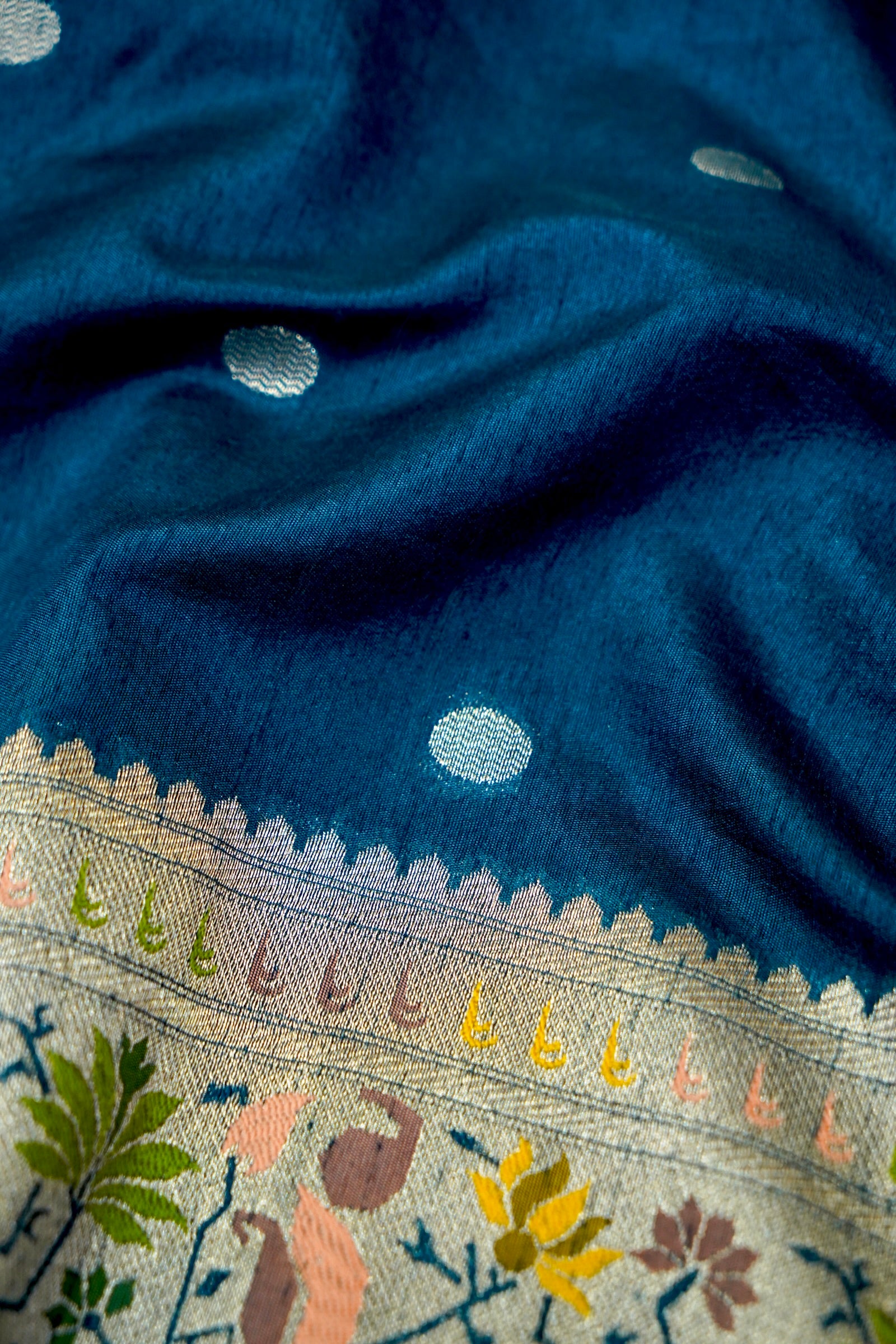 Teal Blue Raw Silk Saree with Light Gold Zari and Multicolor Floral Border