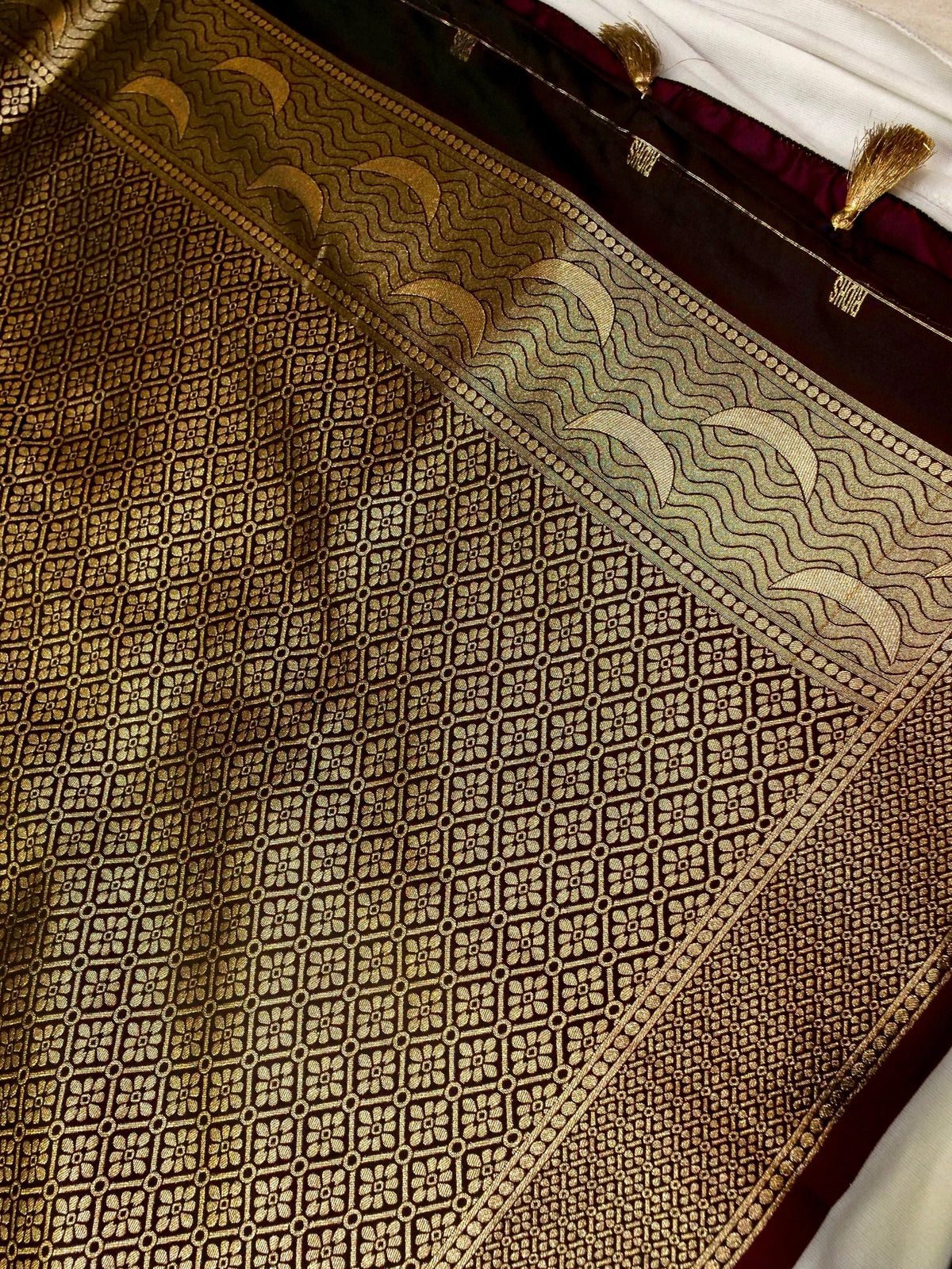 Nihar - Deep Burgundy Ghat Border Banarasi Silk Saree with Stitched Blouse