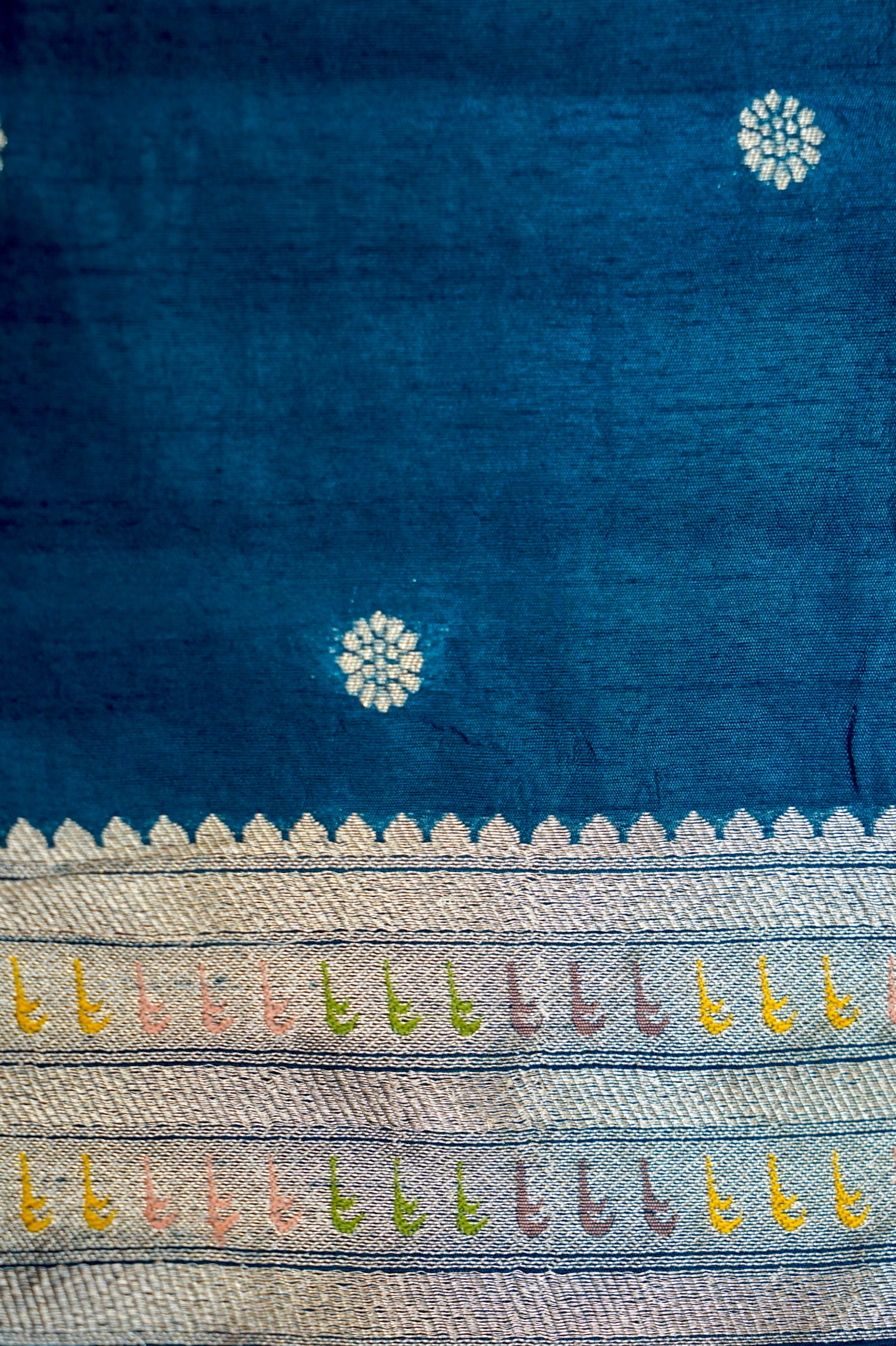 Teal Blue Raw Silk Saree with Light Gold Zari and Multicolor Floral Border