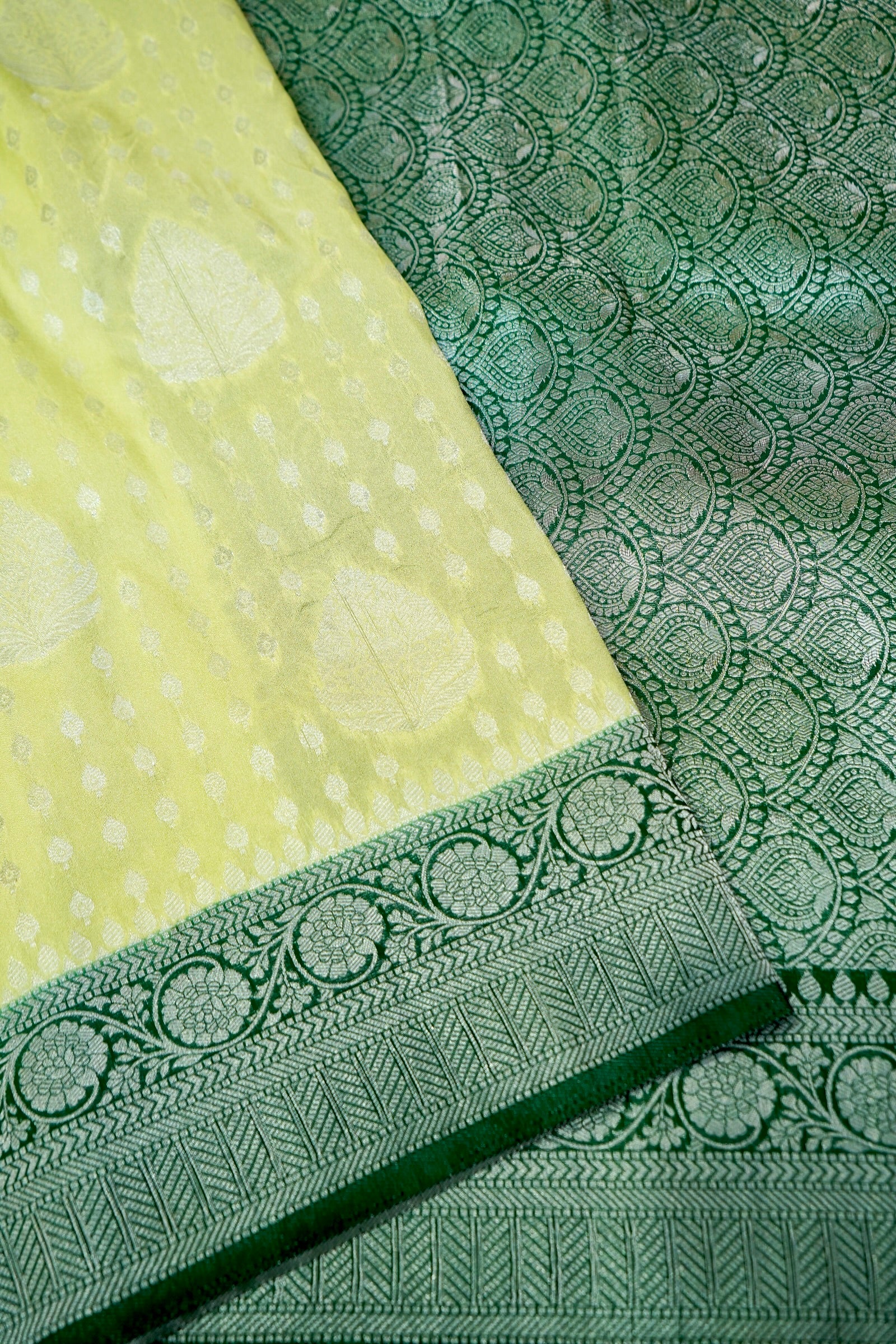 Pistachio Green Crepe Georgette Silk Saree with Dark Green Border