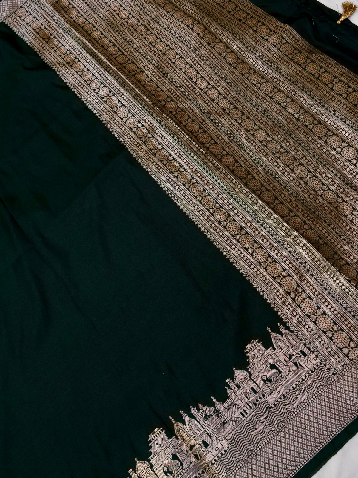Vihar - Deep Bottle Green Ghat Border Banarasi Silk Saree with Stitched Blouse