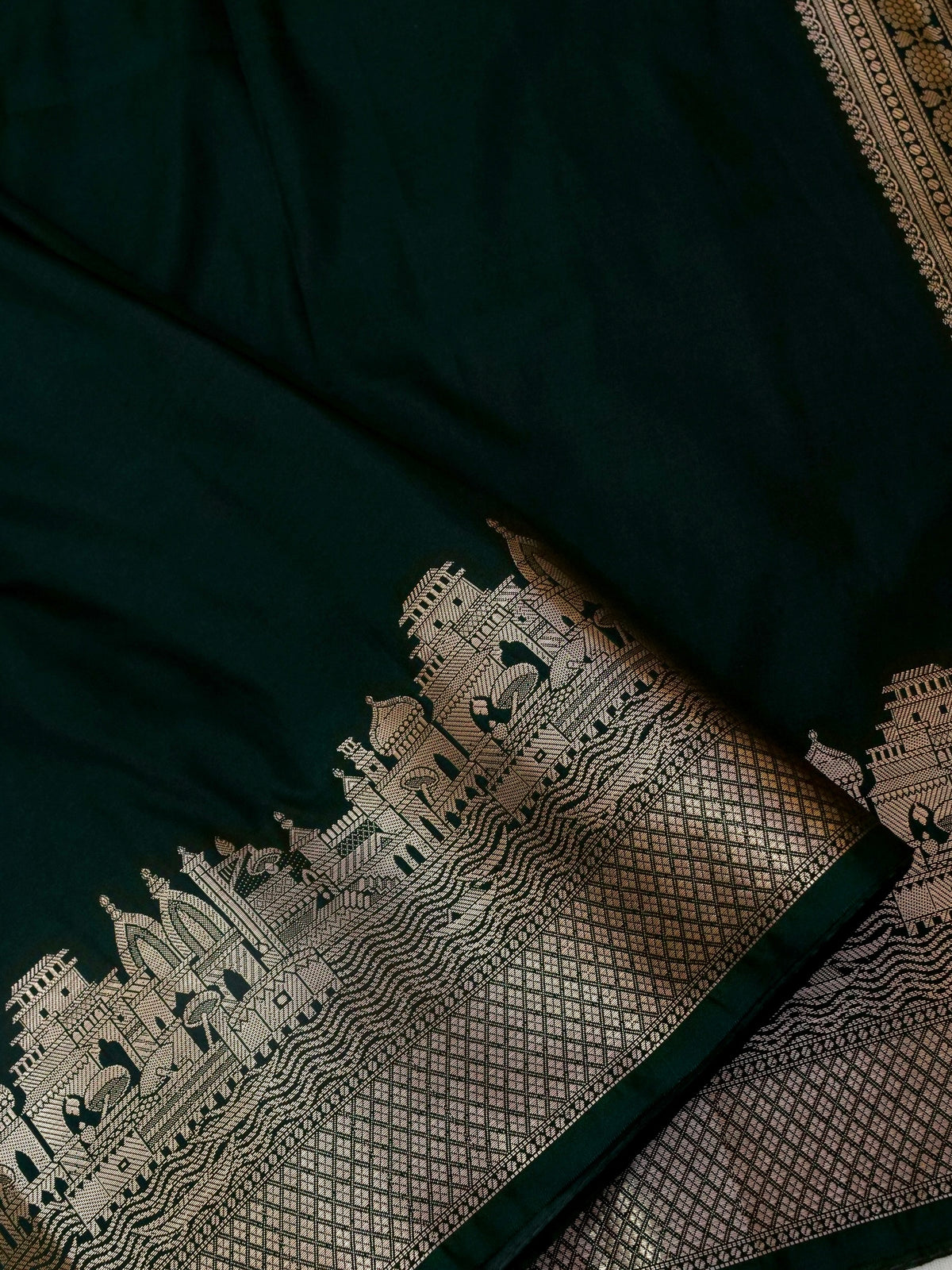 Vihar - Deep Bottle Green Ghat Border Banarasi Silk Saree with Stitched Blouse
