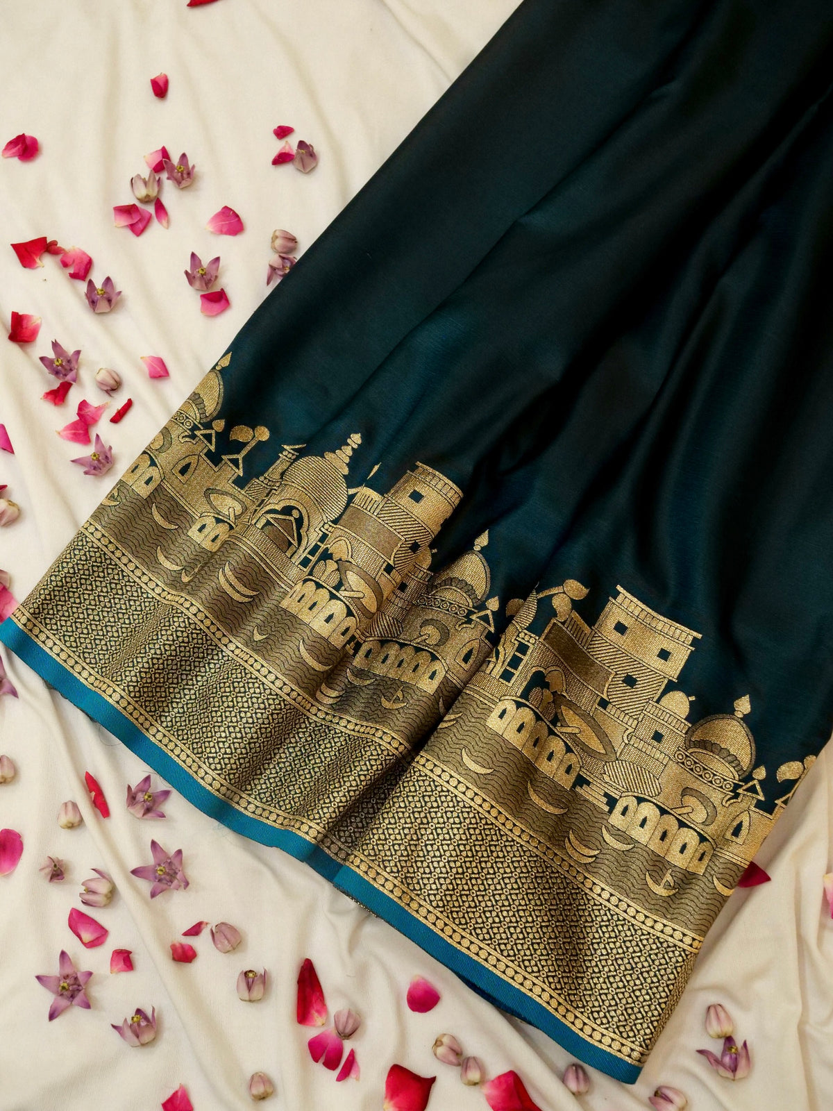 Nihar - Deep Teal Blue Ghat Border Banarasi Silk Saree with Stitched Blouse