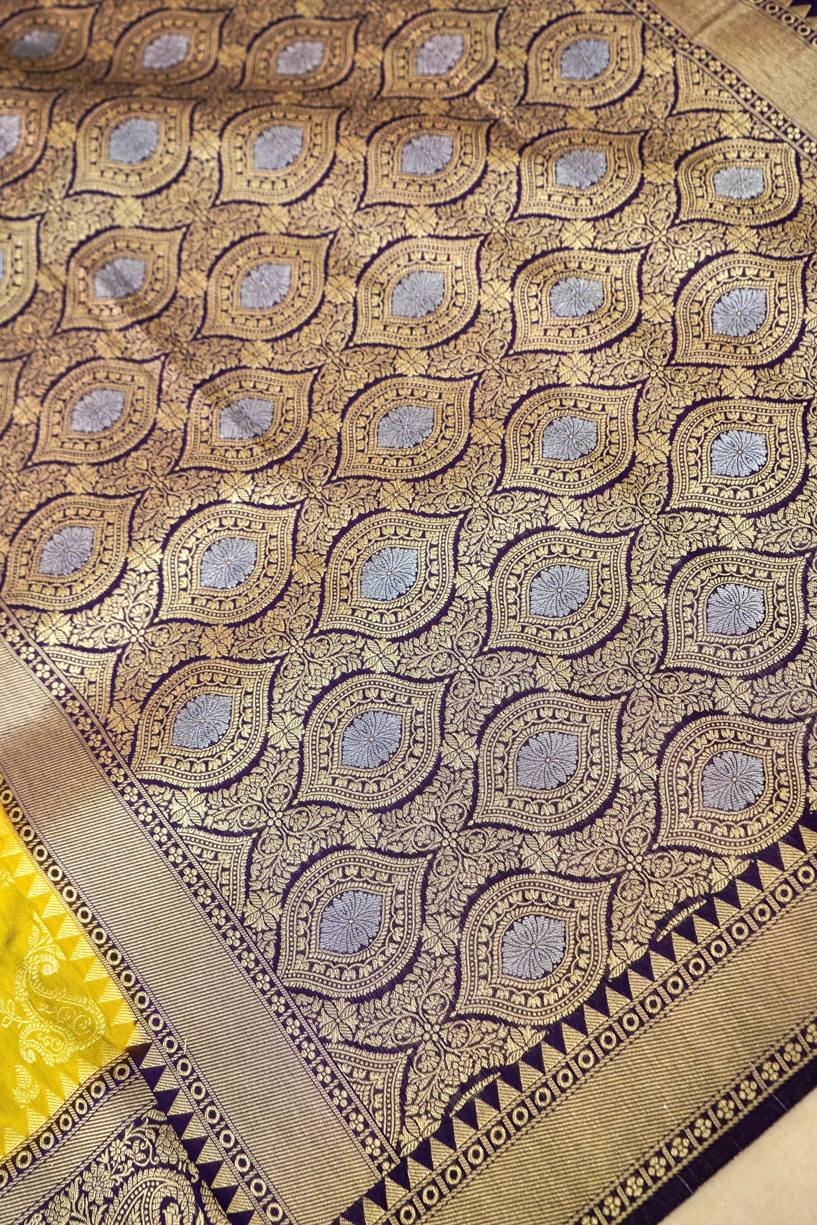 Mustard Yellow Semi Georgette Silk Saree with Purple Border