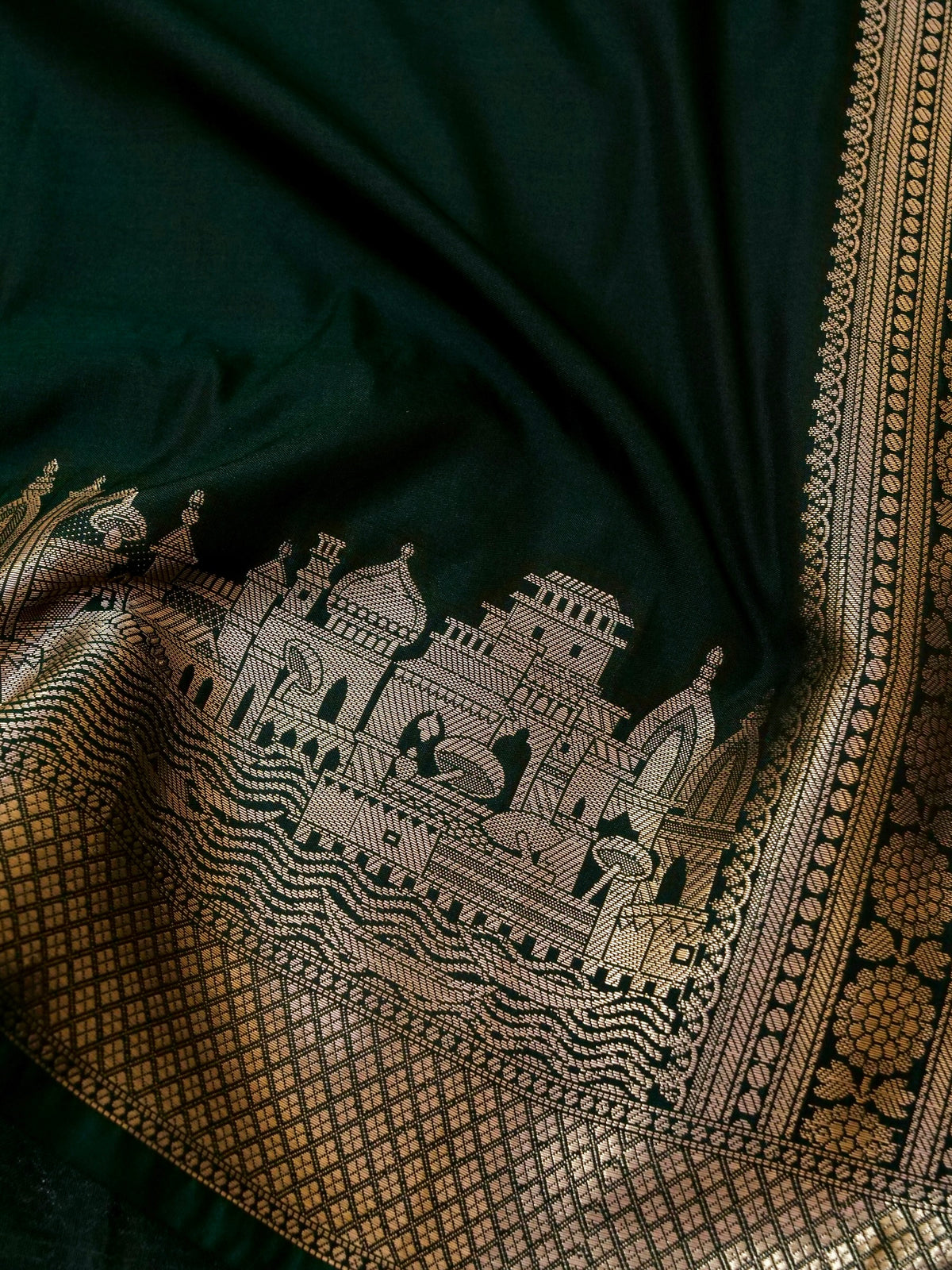 Vihar - Deep Bottle Green Ghat Border Banarasi Silk Saree with Stitched Blouse