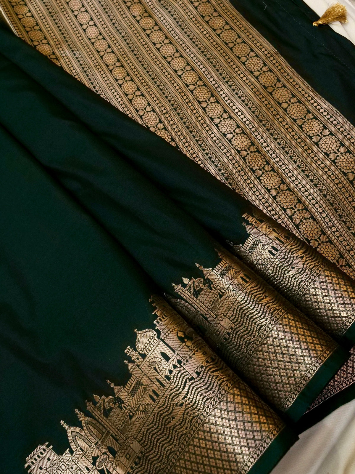 Vihar - Deep Bottle Green Ghat Border Banarasi Silk Saree with Stitched Blouse