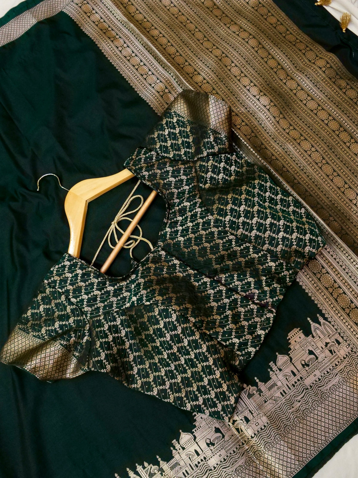 Vihar - Deep Bottle Green Ghat Border Banarasi Silk Saree with Stitched Blouse