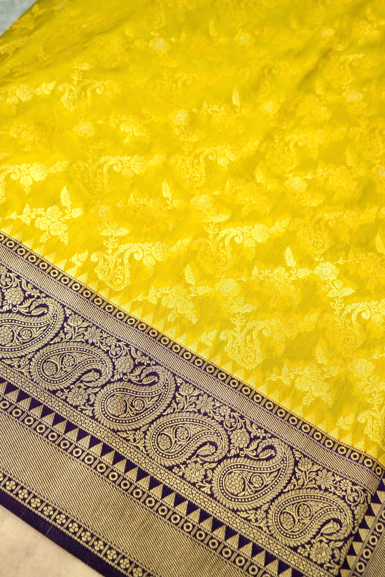 Mustard Yellow Semi Georgette Silk Saree with Purple Border