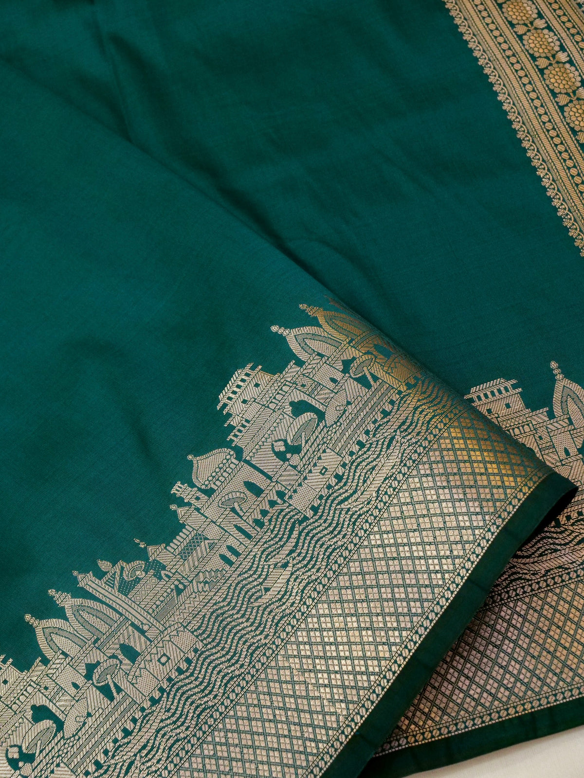 Vihar - Deep Teal Green Ghat Border Banarasi Silk Saree with Stitched Blouse
