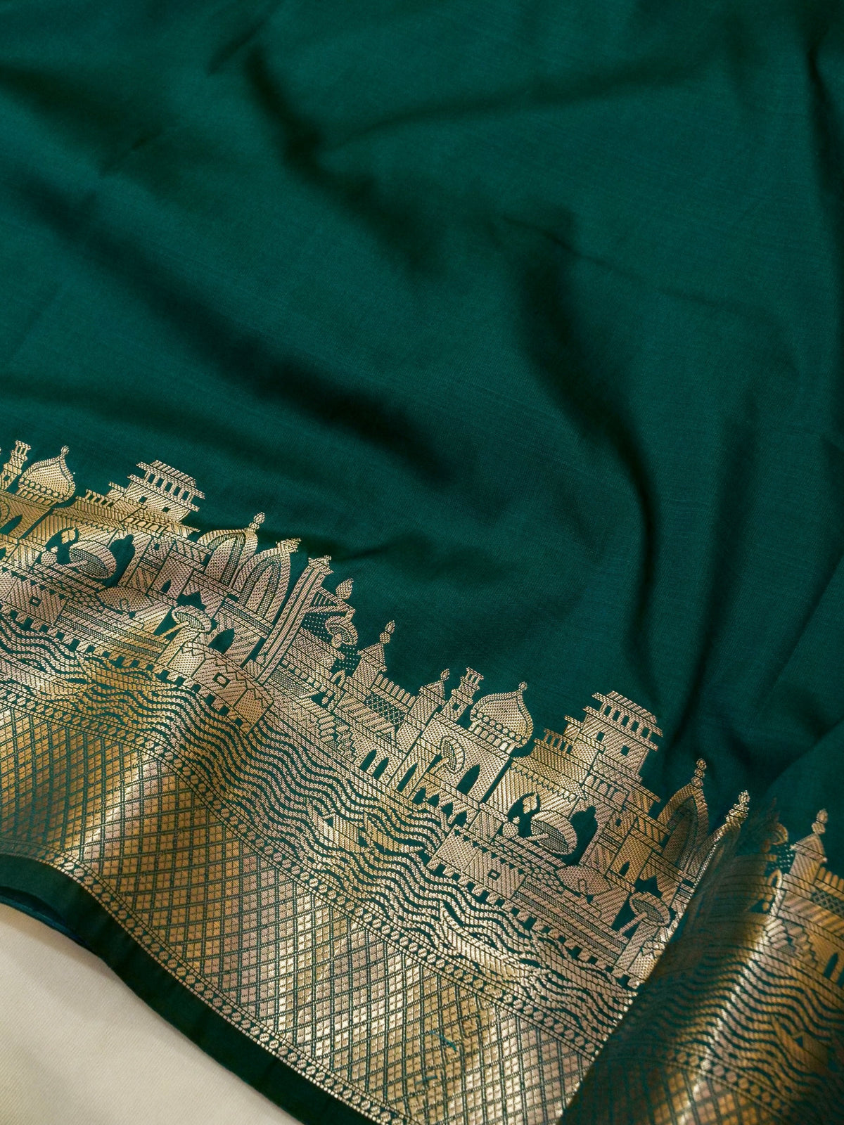 Vihar - Deep Teal Green Ghat Border Banarasi Silk Saree with Stitched Blouse