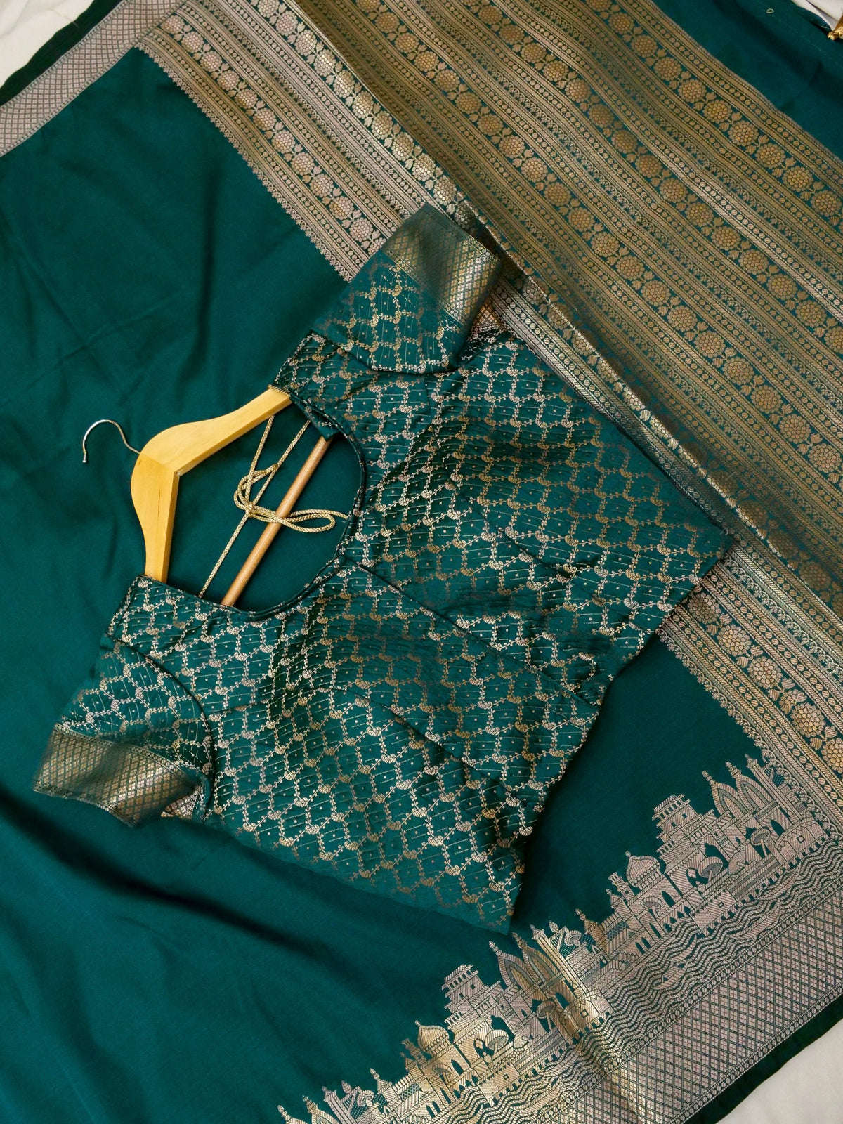 Vihar - Deep Teal Green Ghat Border Banarasi Silk Saree with Stitched Blouse