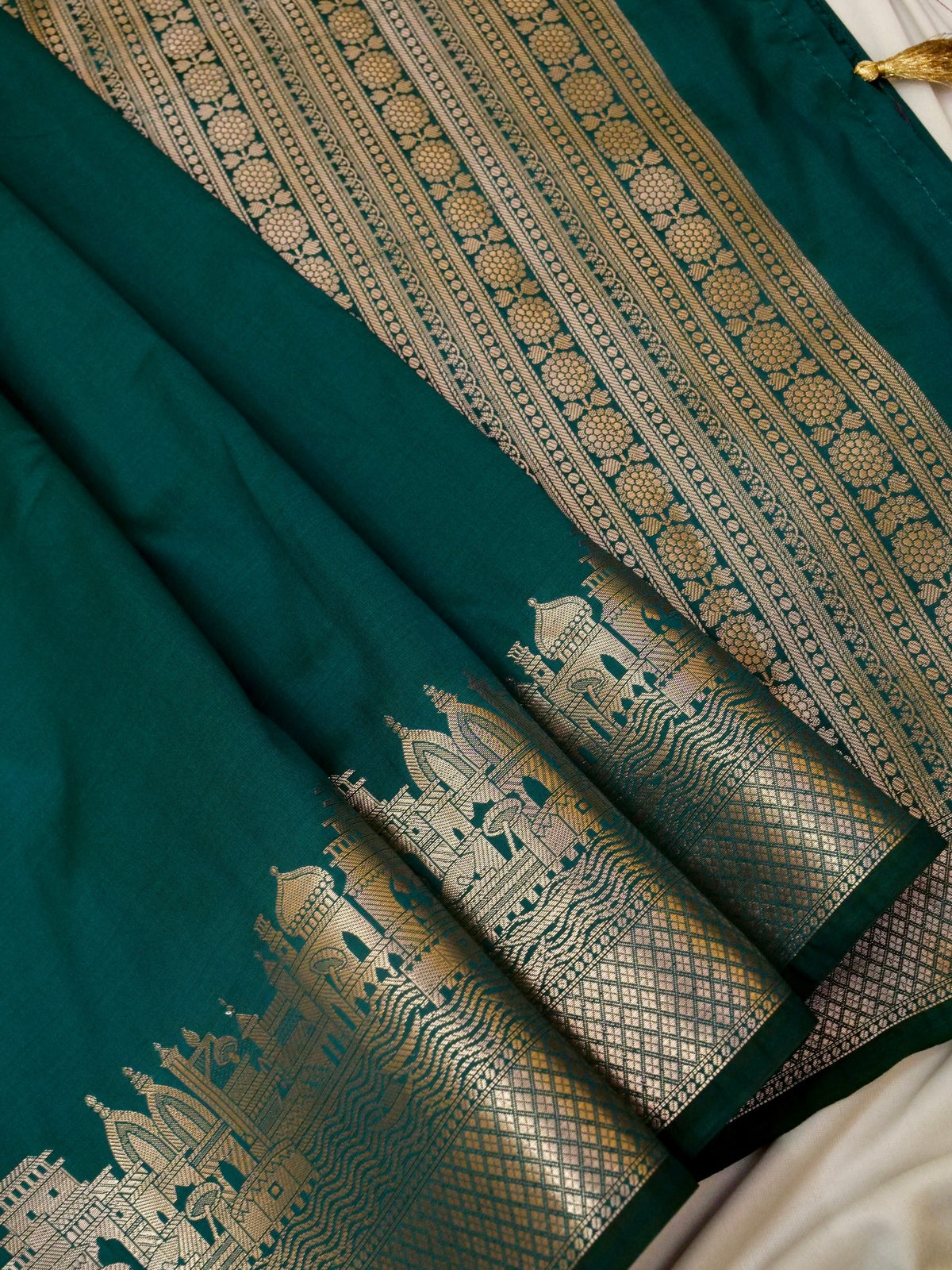 Vihar - Deep Teal Green Ghat Border Banarasi Silk Saree with Stitched Blouse