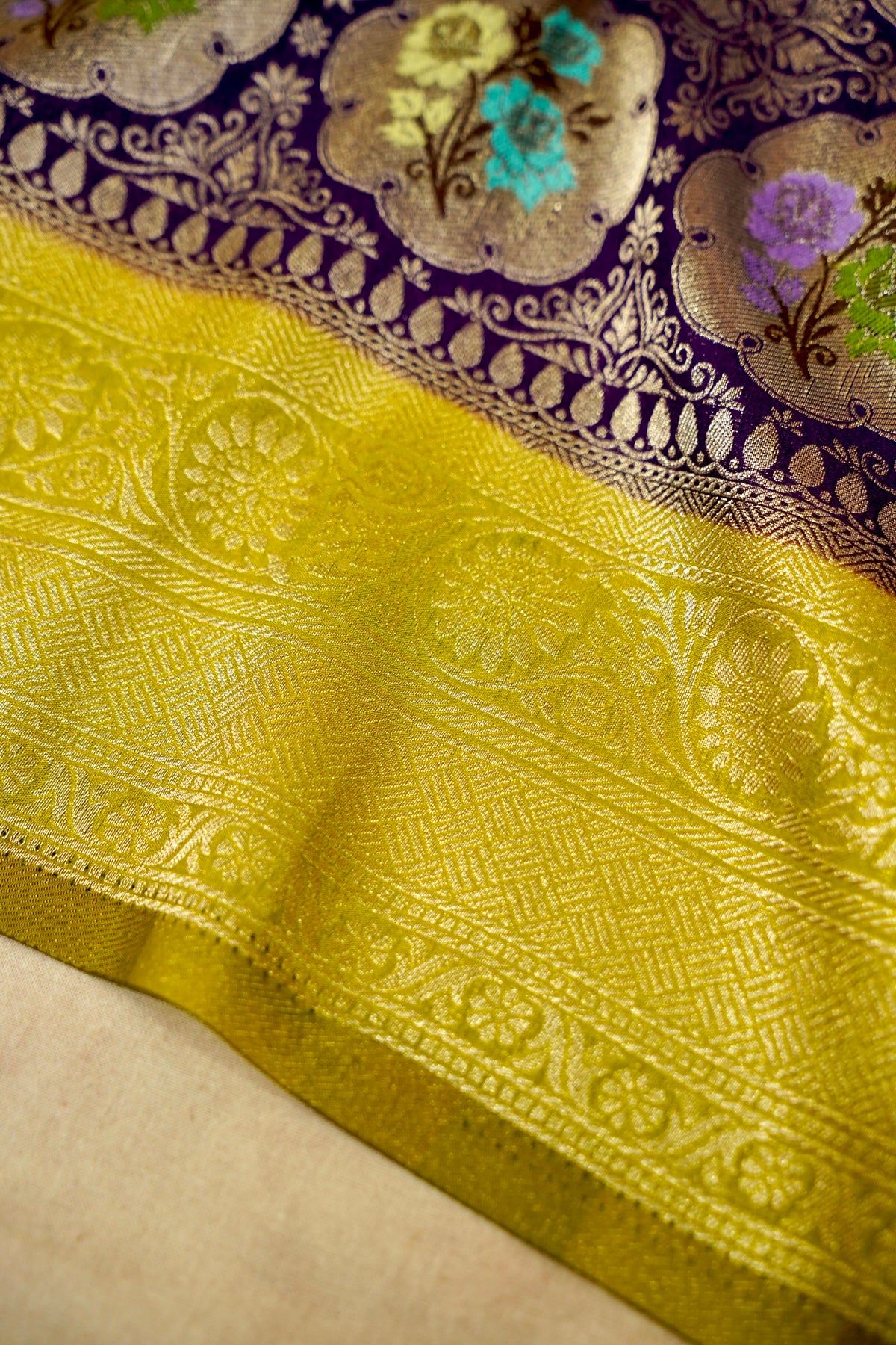 Purple Semi Tanchoi Saree with Rich Antique Zari Border