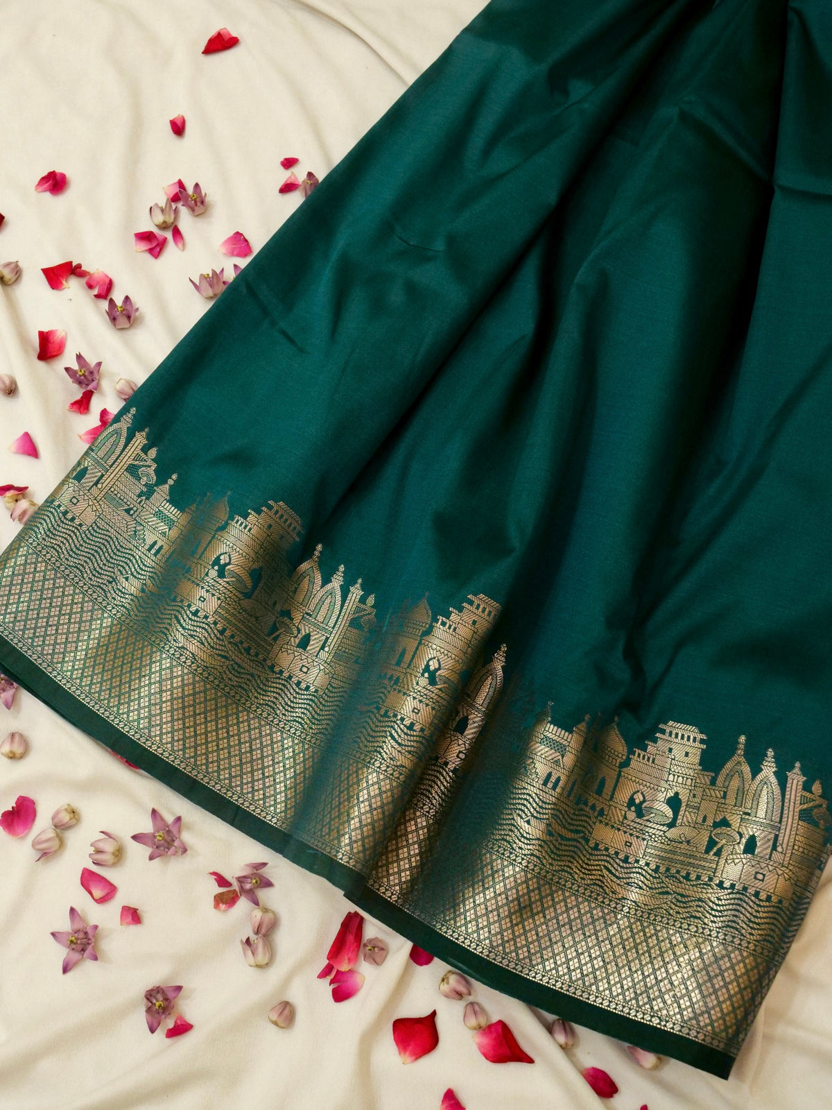 Vihar - Deep Teal Green Ghat Border Banarasi Silk Saree with Stitched Blouse