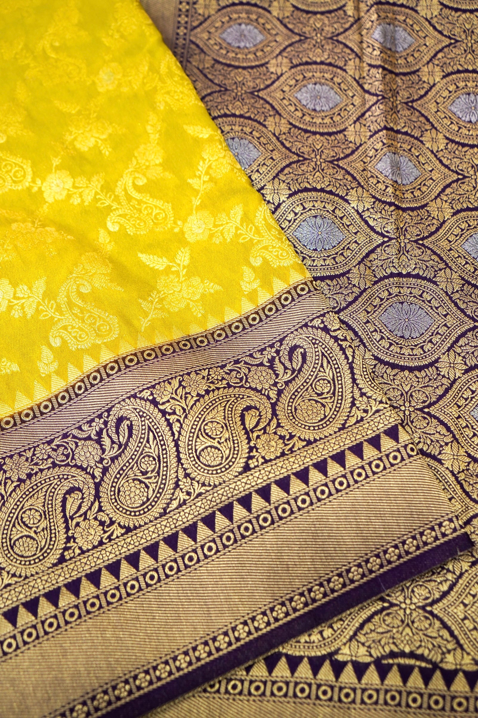 Mustard Yellow Semi Georgette Silk Saree with Purple Border