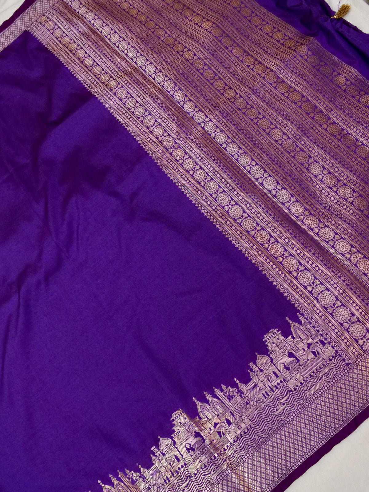 Vihar - Deep Purple Ghat Border Banarasi Silk Saree with Stitched Blouse