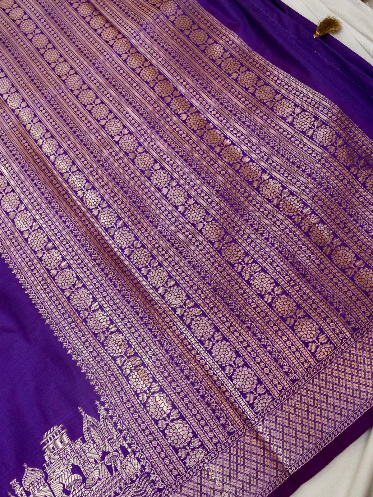 Vihar - Deep Purple Ghat Border Banarasi Silk Saree with Stitched Blouse