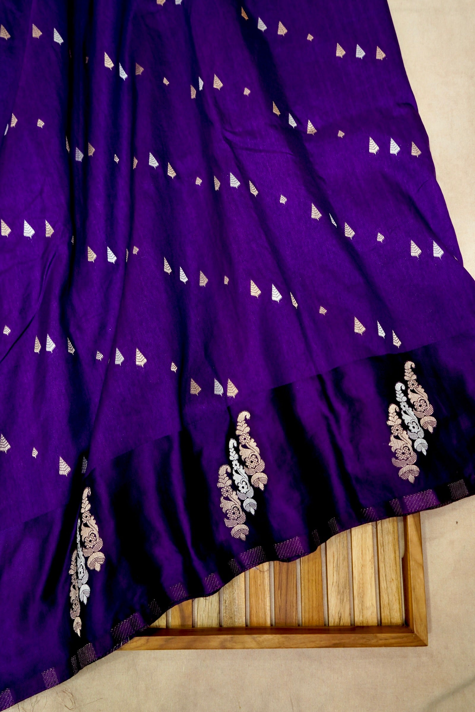 Royal Purple Dupion Silk Saree with Silver and Gold Motifs