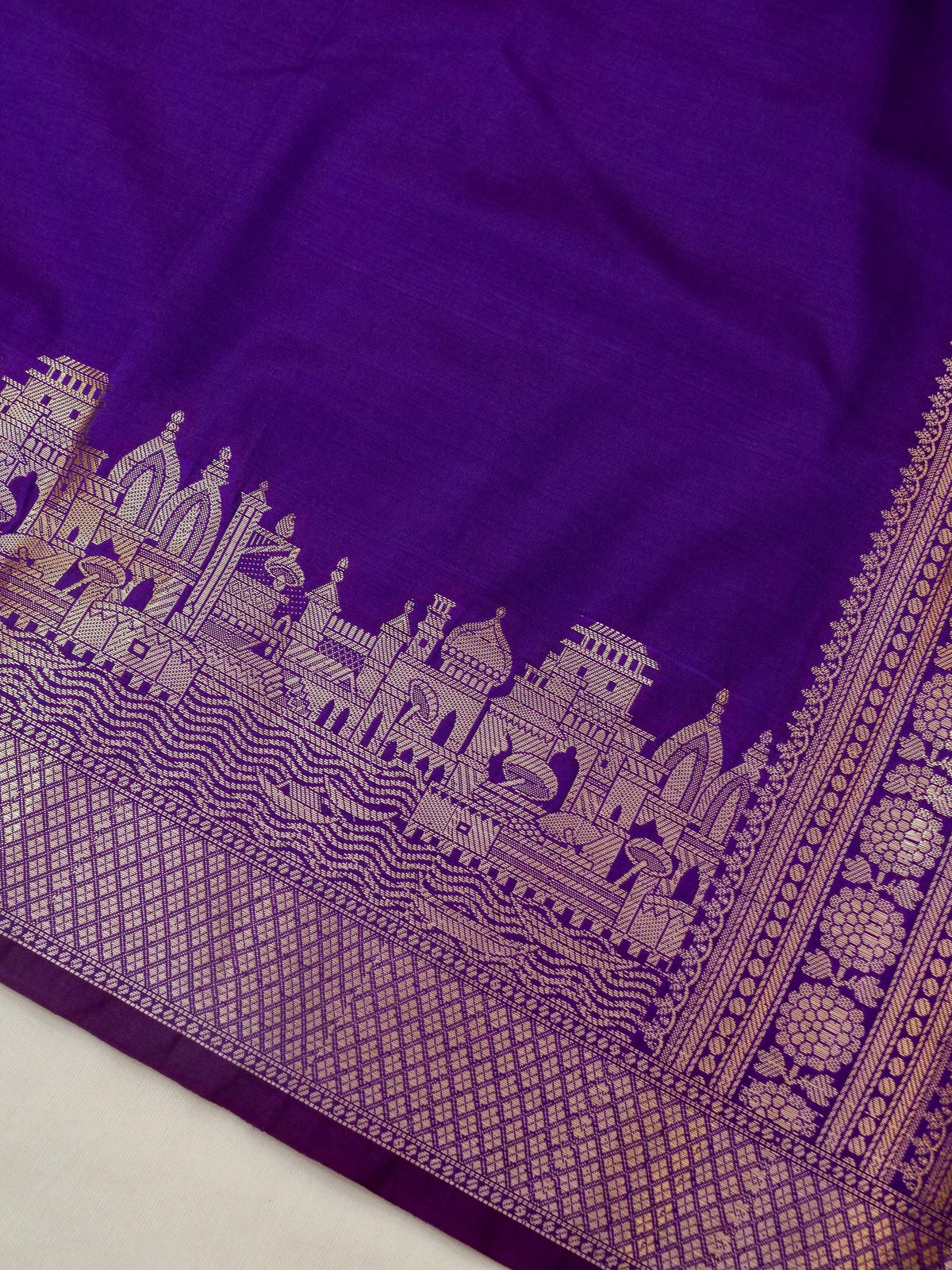 Vihar - Deep Purple Ghat Border Banarasi Silk Saree with Stitched Blouse