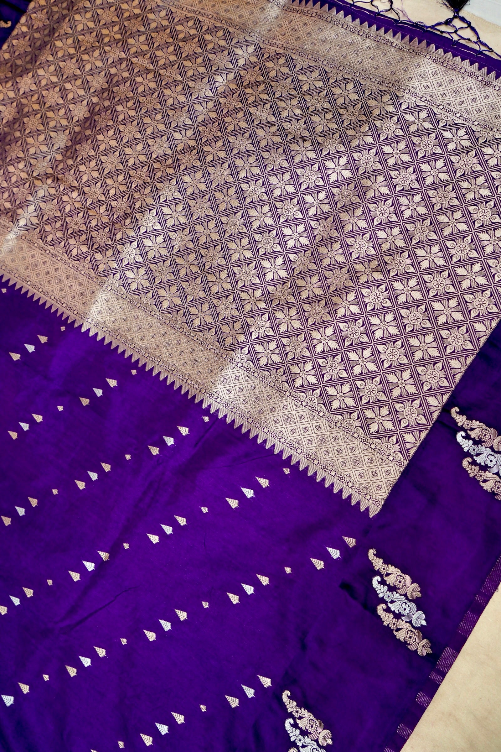 Royal Purple Dupion Silk Saree with Silver and Gold Motifs