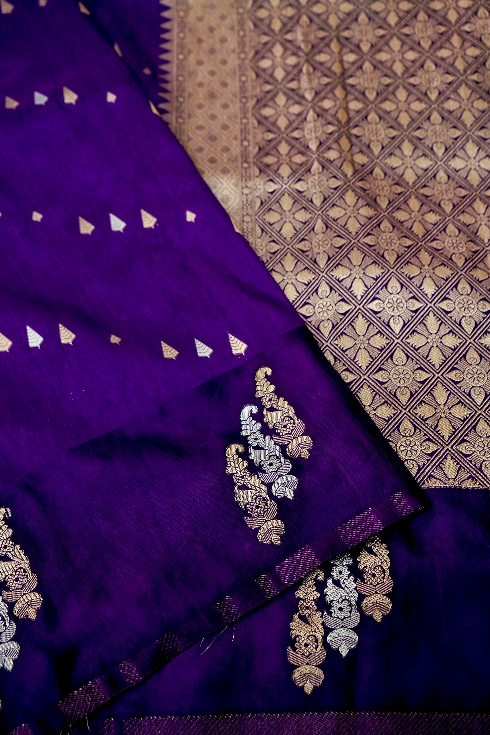 Royal Purple Dupion Silk Saree with Silver and Gold Motifs