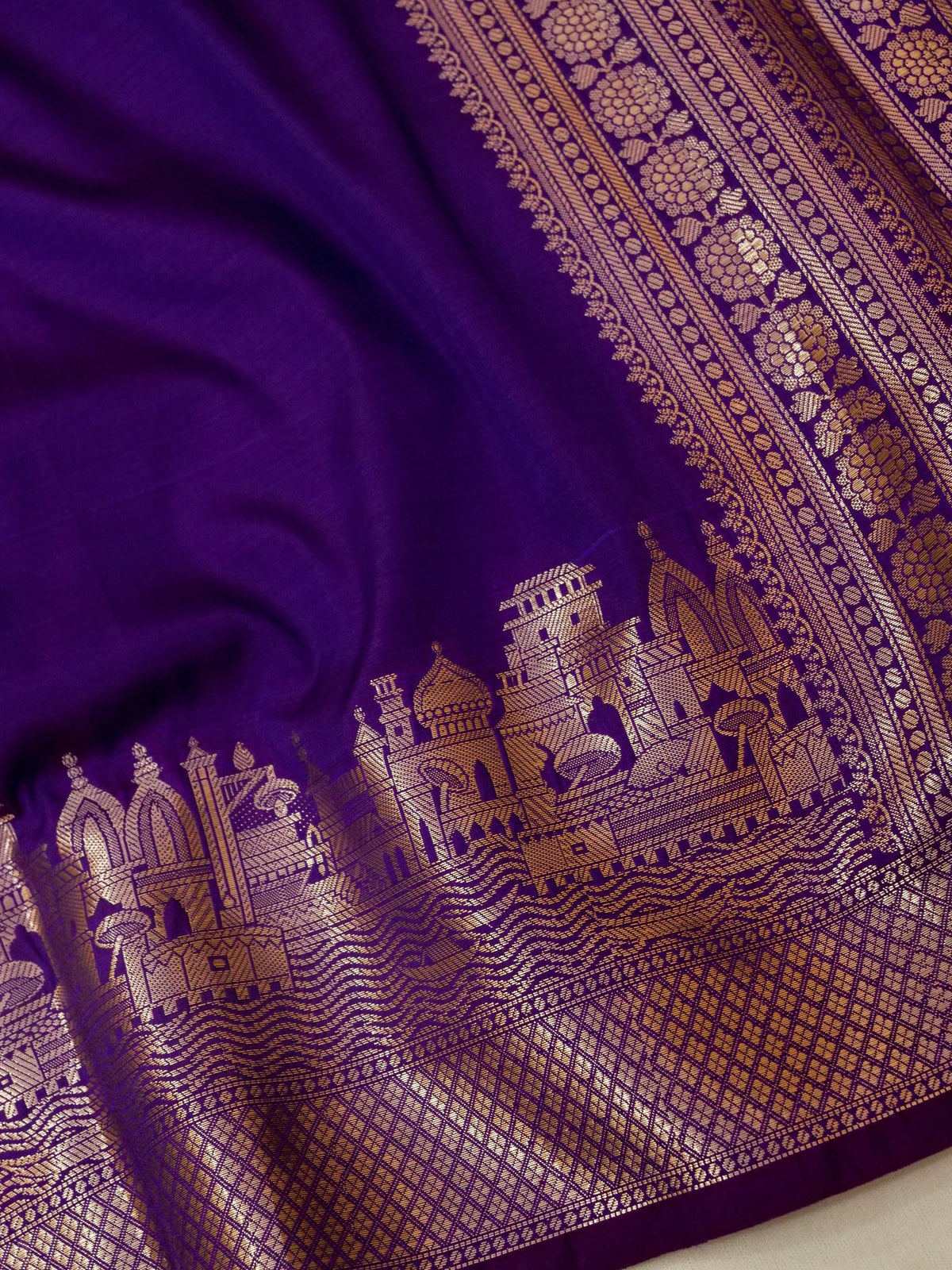 Vihar - Deep Purple Ghat Border Banarasi Silk Saree with Stitched Blouse