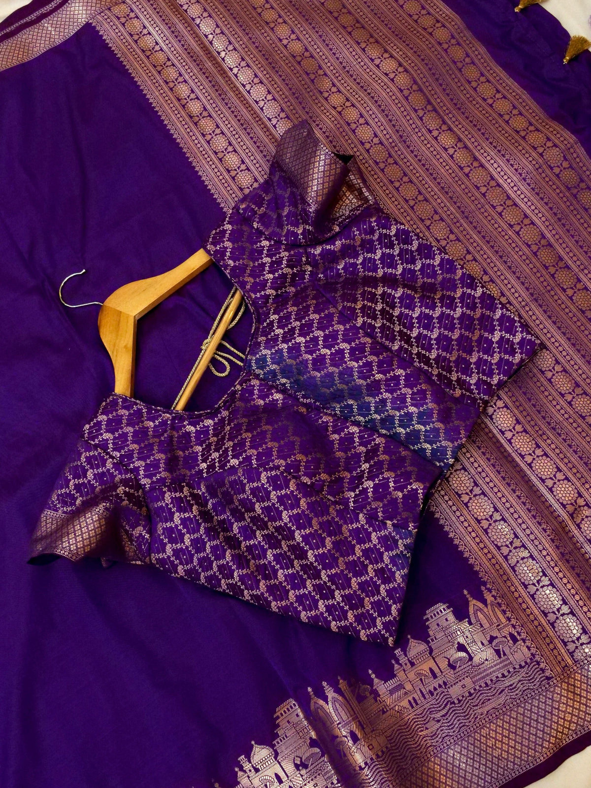 Vihar - Deep Purple Ghat Border Banarasi Silk Saree with Stitched Blouse