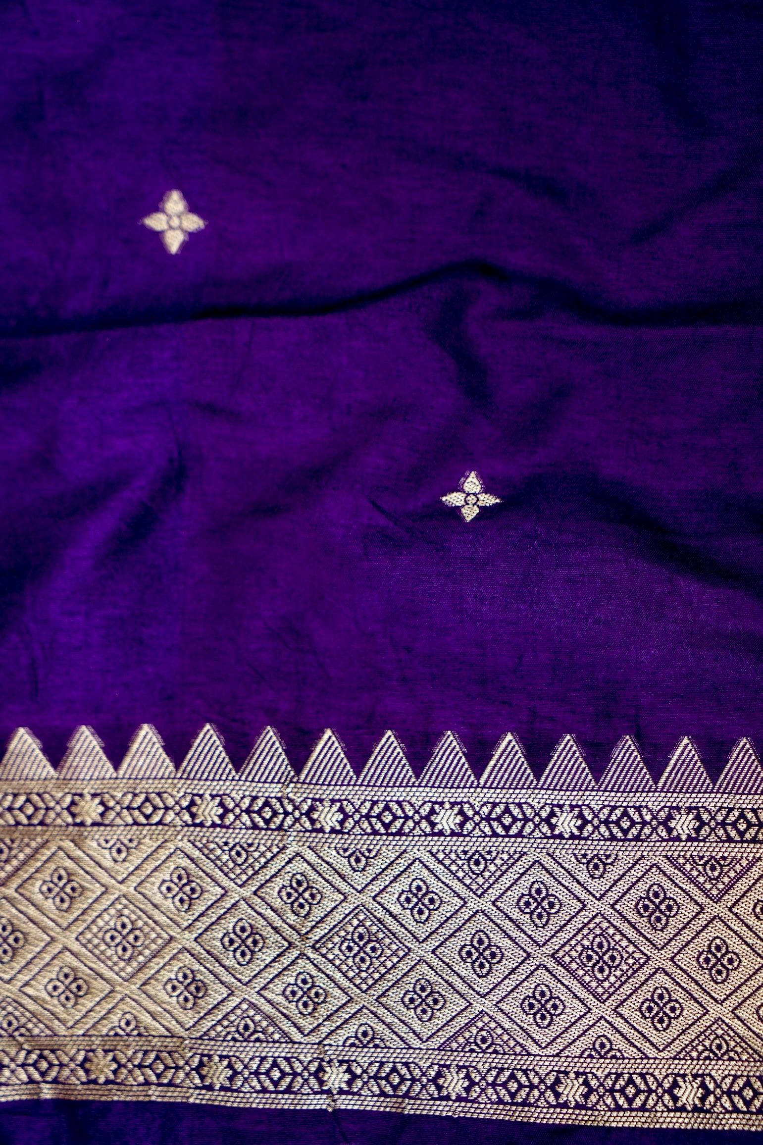Royal Purple Dupion Silk Saree with Silver and Gold Motifs