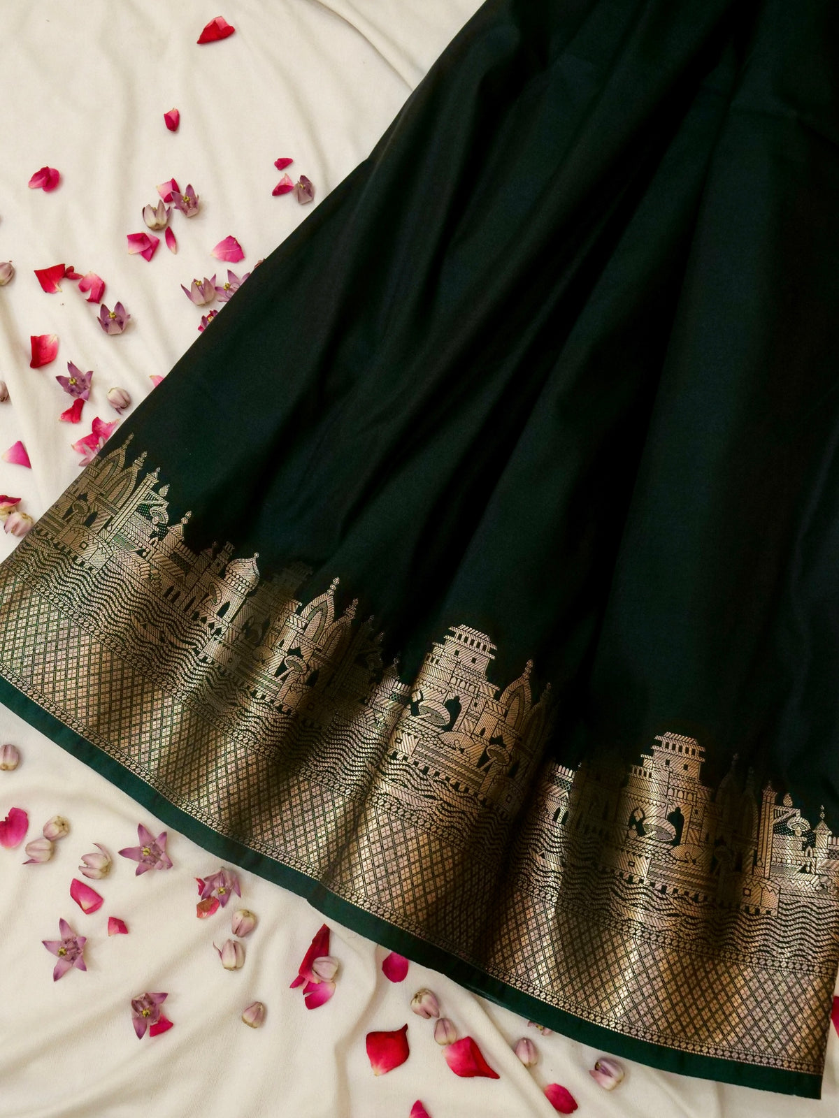 Vihar - Deep Bottle Green Ghat Border Banarasi Silk Saree with Stitched Blouse