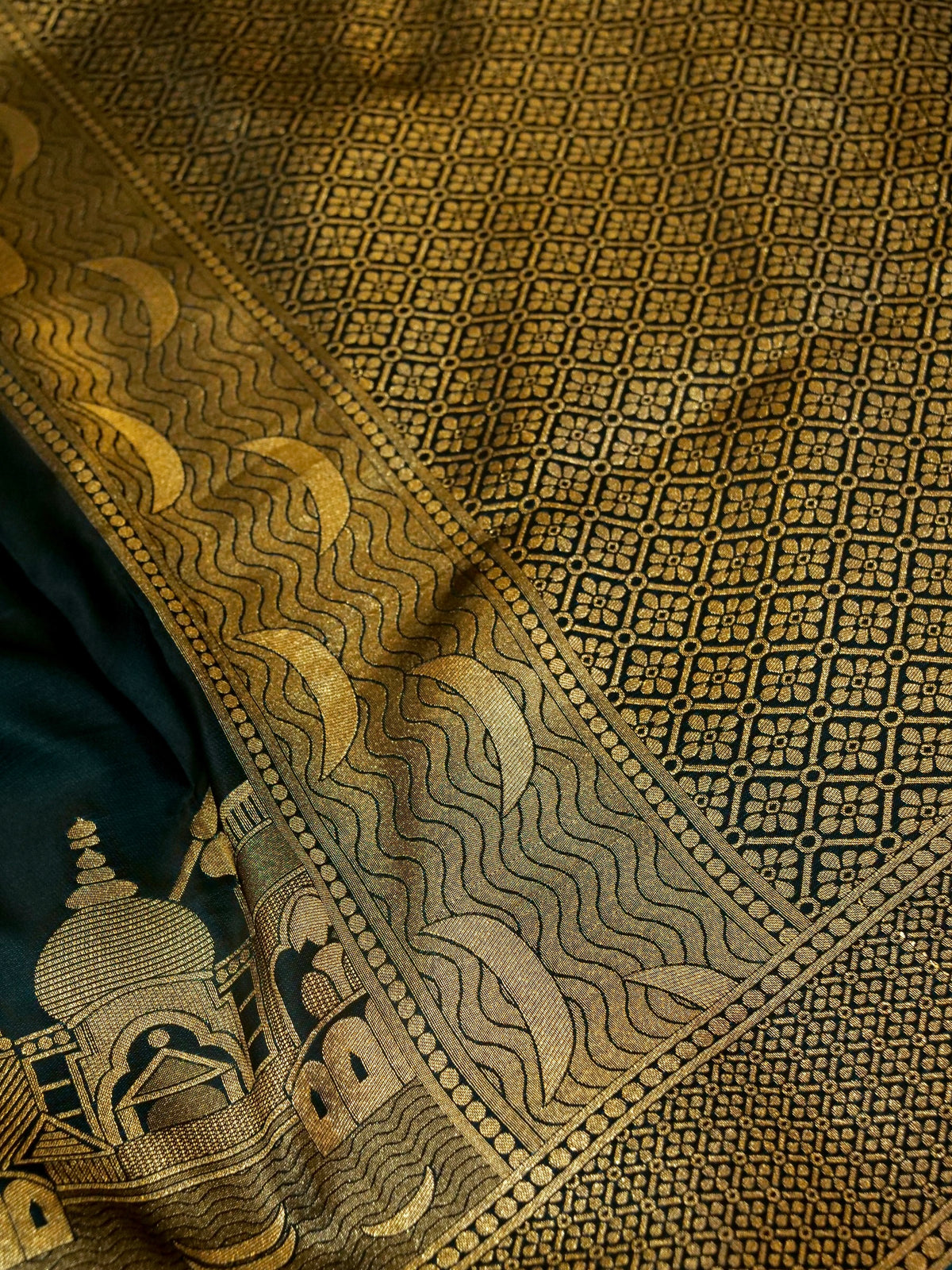 Nihar - Deep Teal Blue Ghat Border Banarasi Silk Saree with Stitched Blouse