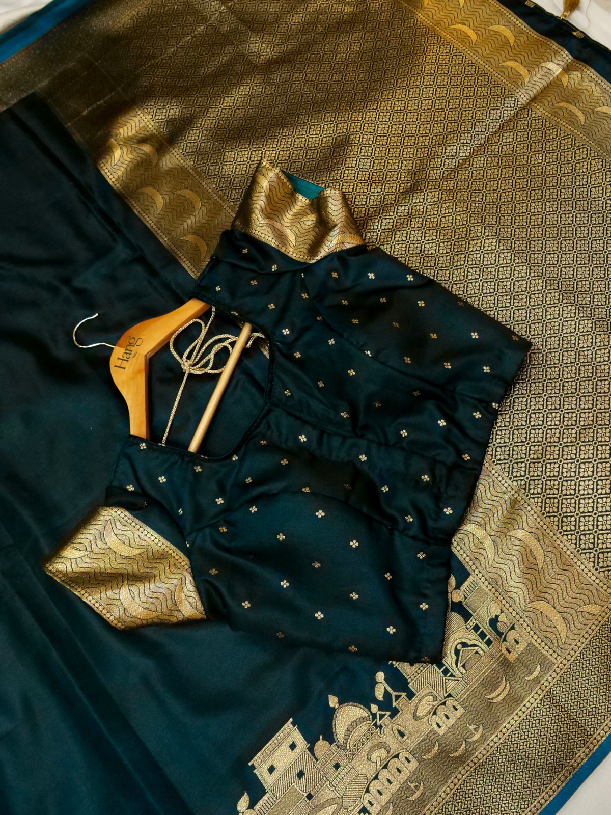 Nihar - Deep Teal Blue Ghat Border Banarasi Silk Saree with Stitched Blouse