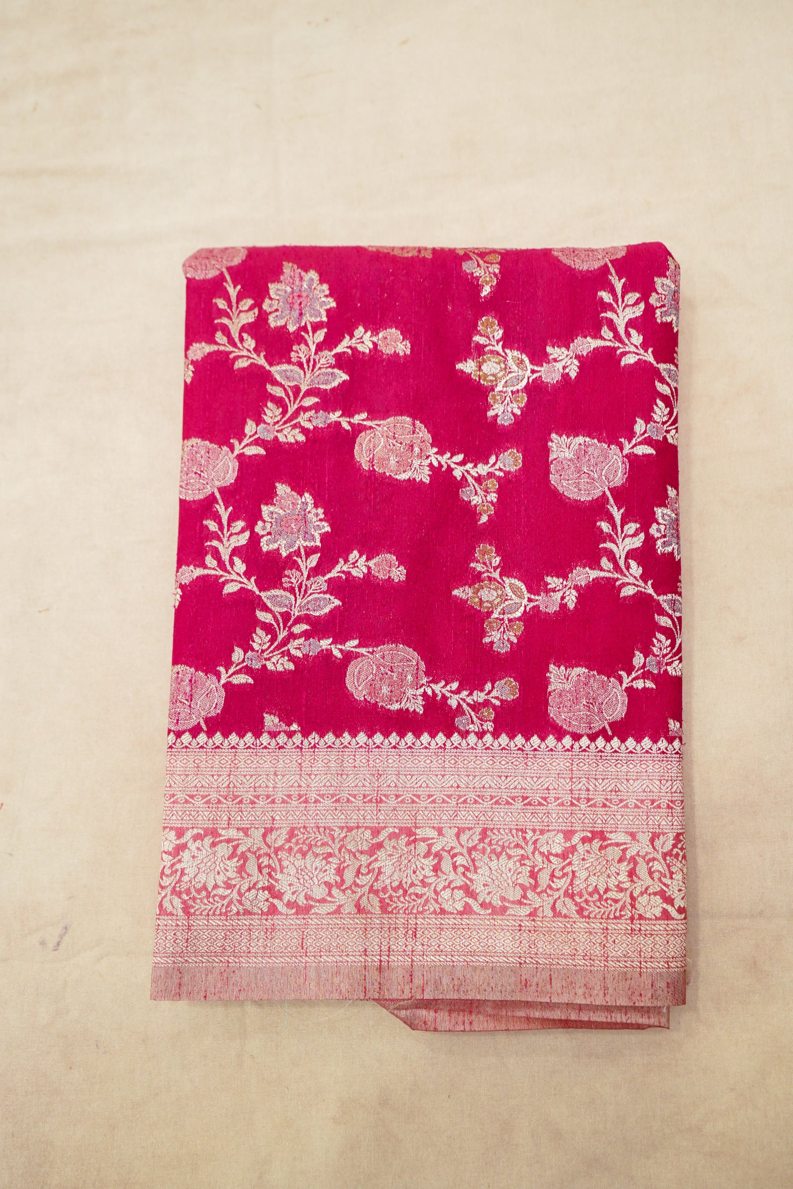 Hot Pink Semi Georgette Silk Saree with Champagne Zari Border