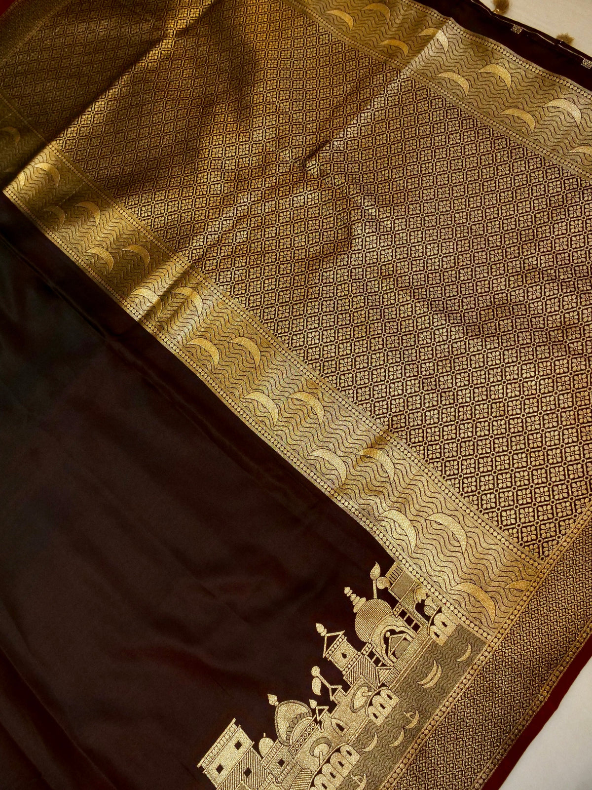 Nihar - Deep Chocolate Brown Ghat Border Banarasi Silk Saree with Stitched Blouse