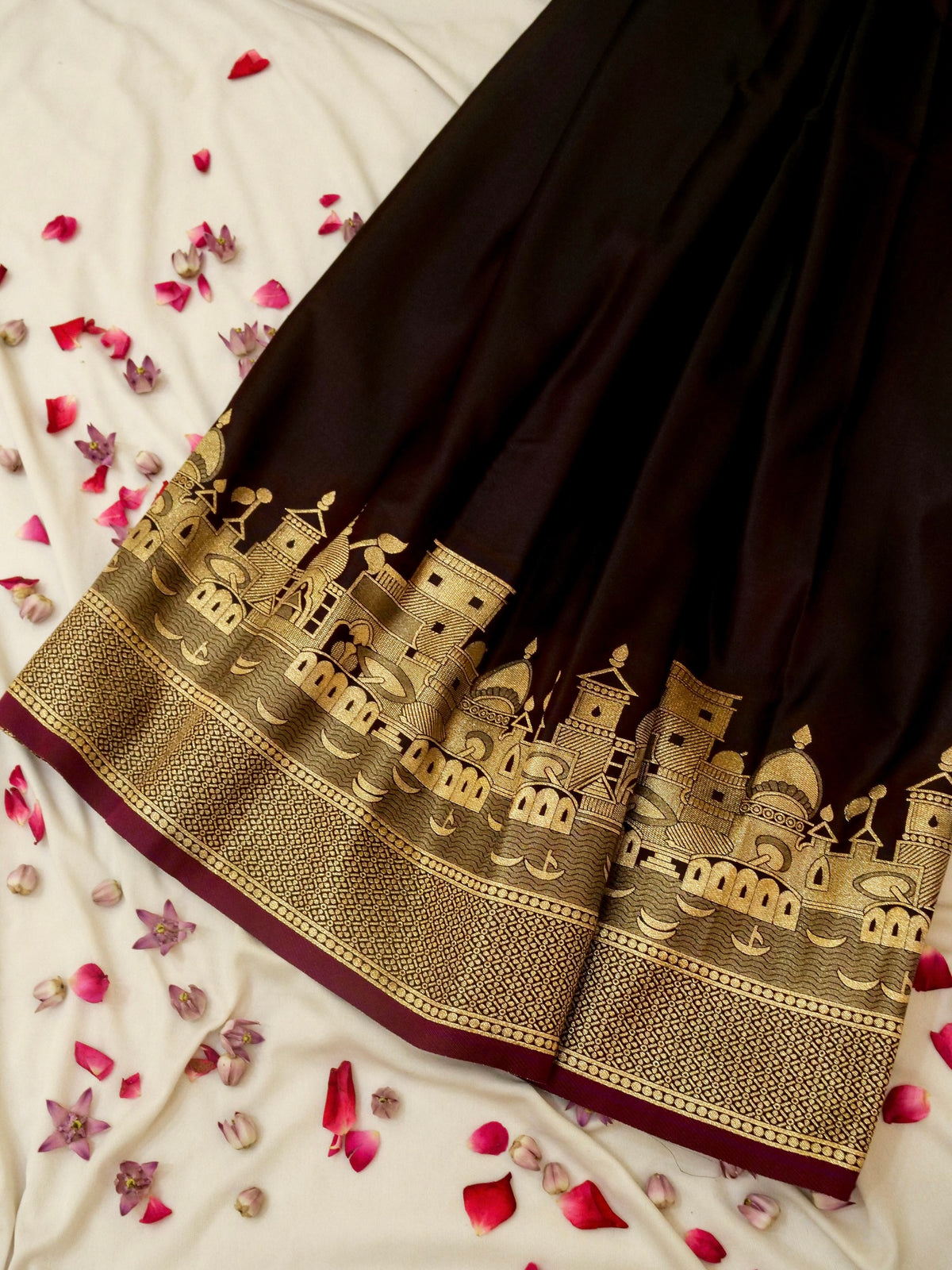Nihar - Deep Burgundy Ghat Border Banarasi Silk Saree with Stitched Blouse