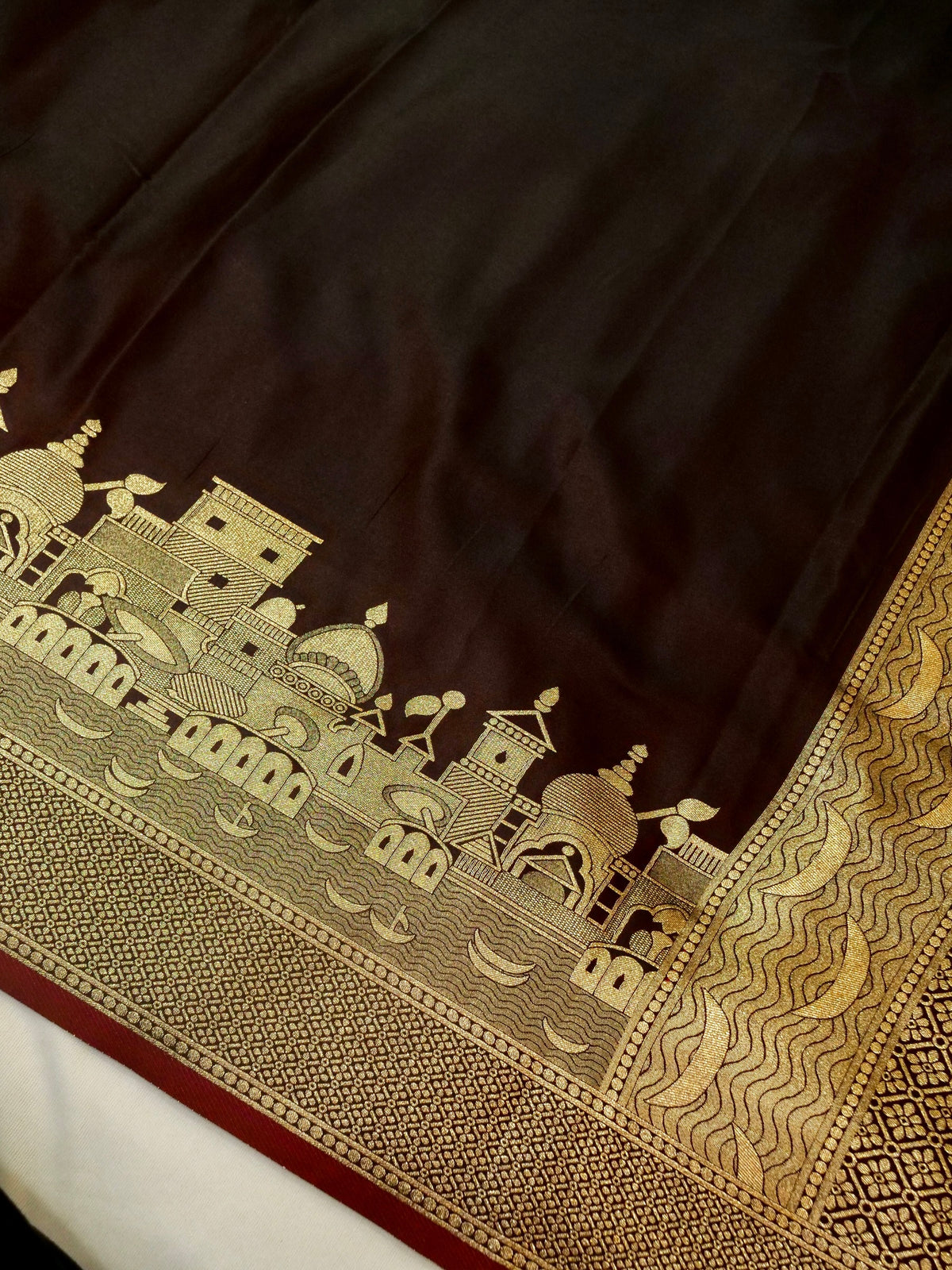 Nihar - Deep Chocolate Brown Ghat Border Banarasi Silk Saree with Stitched Blouse