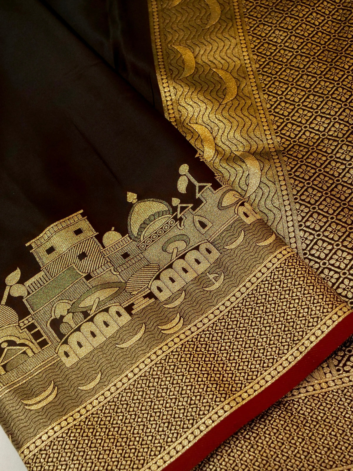 Nihar - Deep Chocolate Brown Ghat Border Banarasi Silk Saree with Stitched Blouse