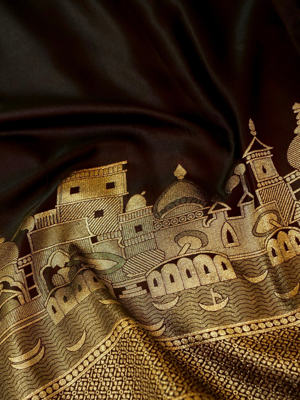 Nihar - Deep Chocolate Brown Ghat Border Banarasi Silk Saree with Stitched Blouse