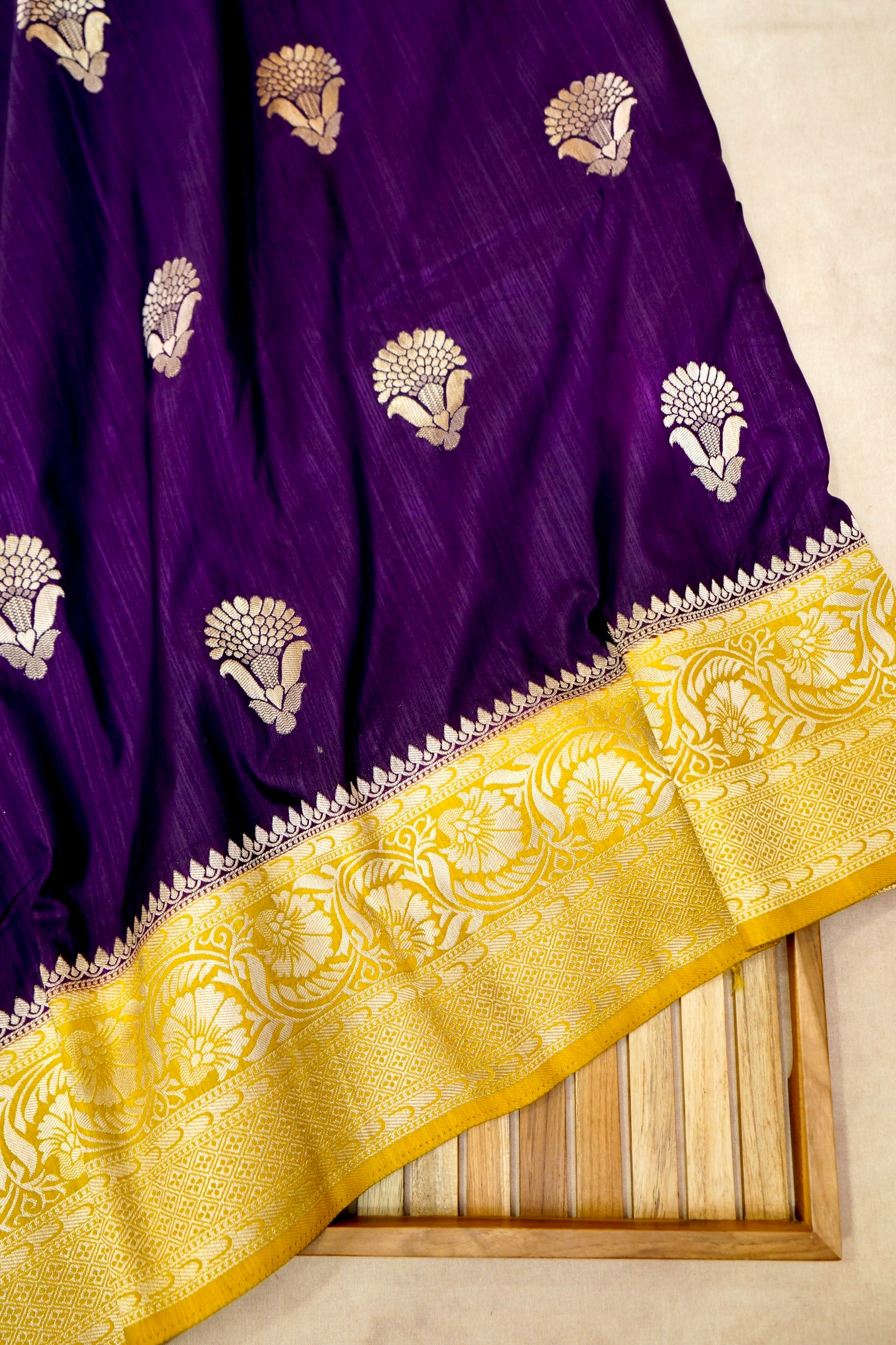 Dark Purple Raw Silk Saree with Mustard Yellow Border